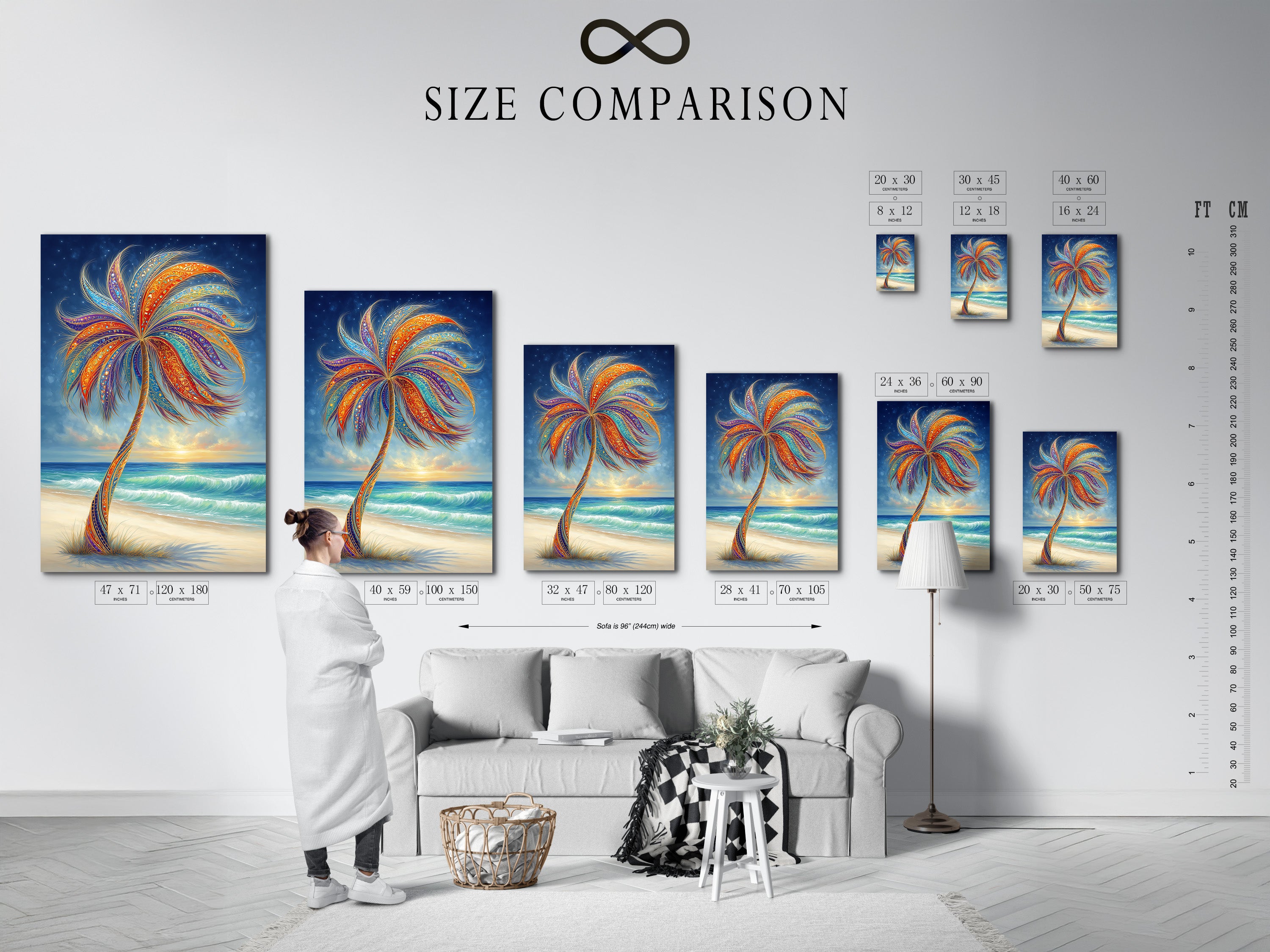 A size comparison chart is displayed in an interior setting. Featuring the tropical palm tree artwork. See how different sizes fit your space. Visualize the impact of this bohemian beach wall art. Perfect for any room.