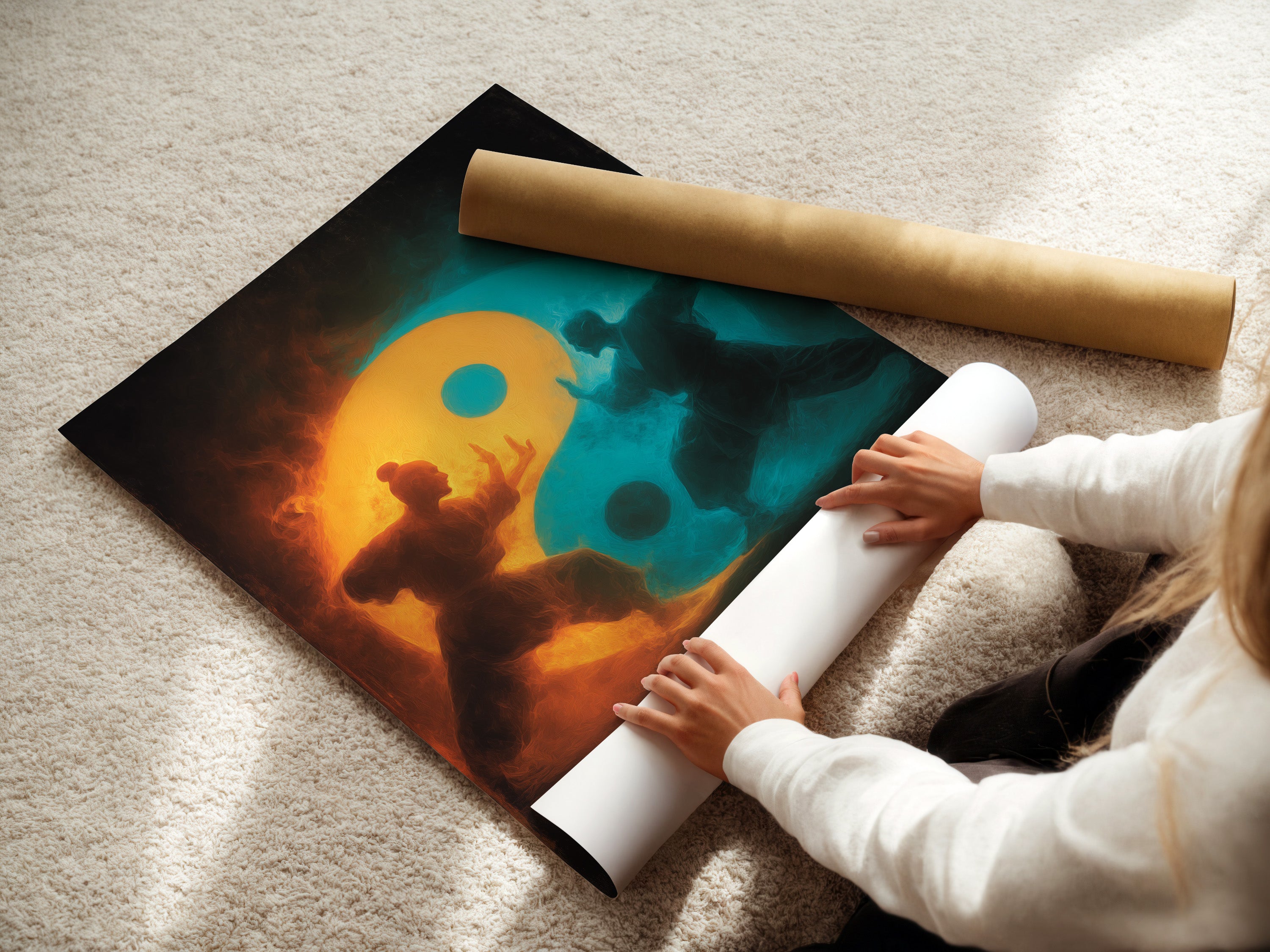 A woman carefully rolls a fine art poster paper. She is preparing it for display. The high quality paper enhances the art's details. Preserve your artwork with premium materials. A great way to protect and showcase your art.