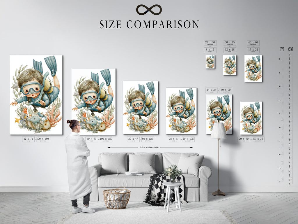 A size comparison chart is displayed in an interior setting. It showcases the various sizes available for the scuba diving kids art. Visualize the ideal fit for your space. Choose the perfect size to complement your decor. Transform your nursery or playroom with this captivating underwater artwork.