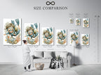 A size comparison chart is displayed in an interior setting. It showcases the various sizes available for the scuba diving kids art. Visualize the ideal fit for your space. Choose the perfect size to complement your decor. Transform your nursery or playroom with this captivating underwater artwork.