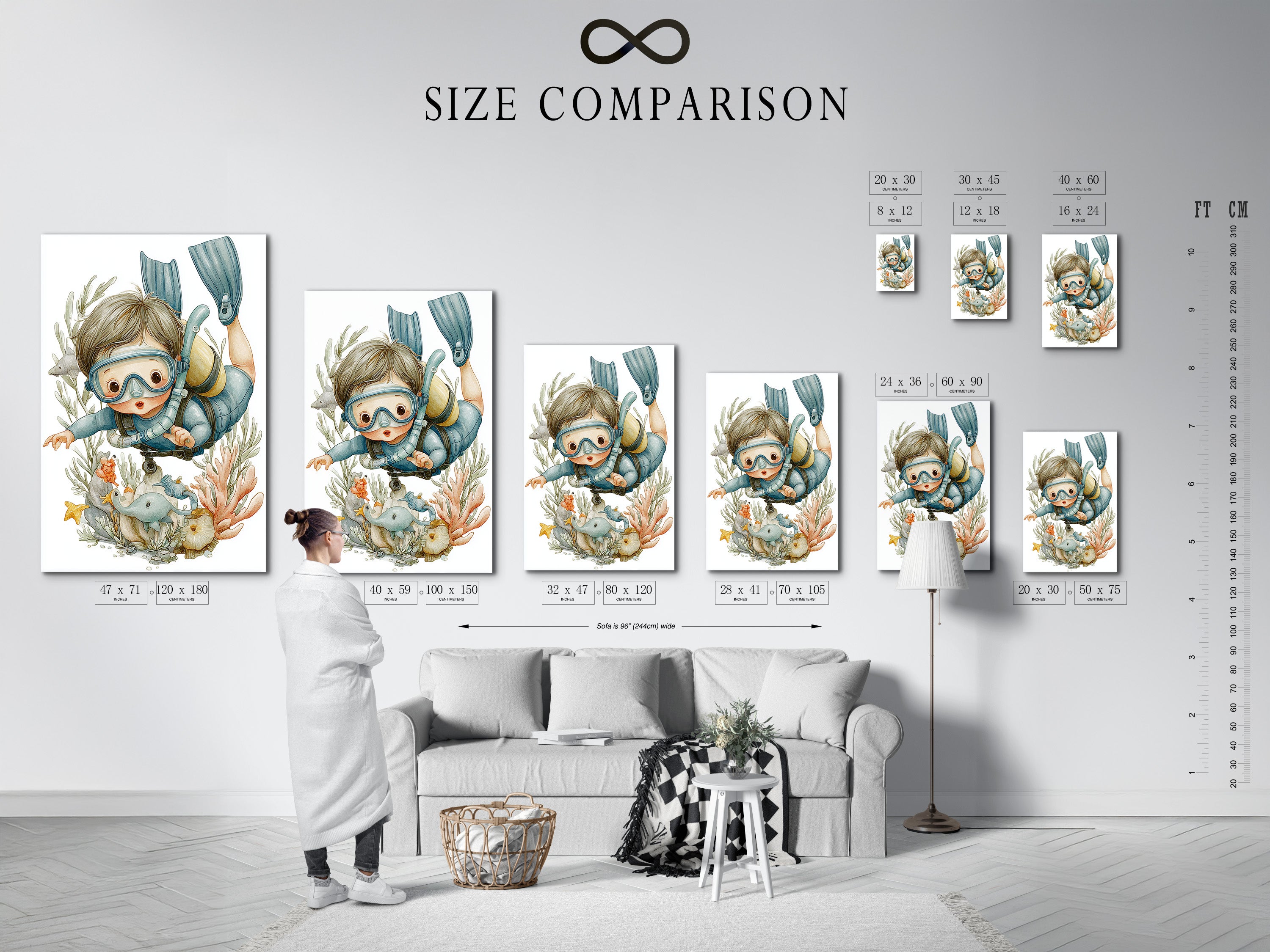 A size comparison chart is displayed in an interior setting. It showcases the various sizes available for the scuba diving kids art. Visualize the ideal fit for your space. Choose the perfect size to complement your decor. Transform your nursery or playroom with this captivating underwater artwork.