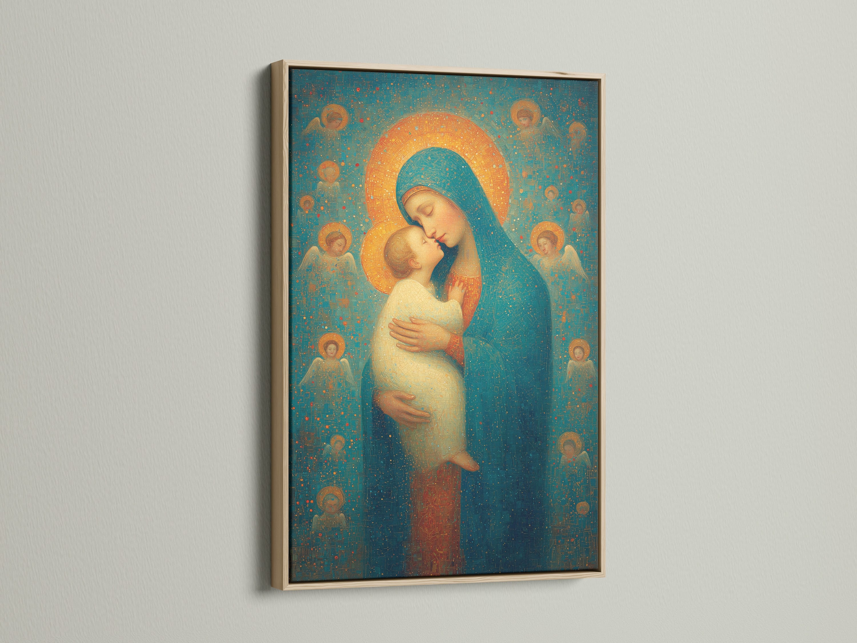 Artwork displayed in an oak frame. The natural wood grain complements the art. An oak frame adds warmth to any room. Discover the timeless appeal of oak framing for your art.