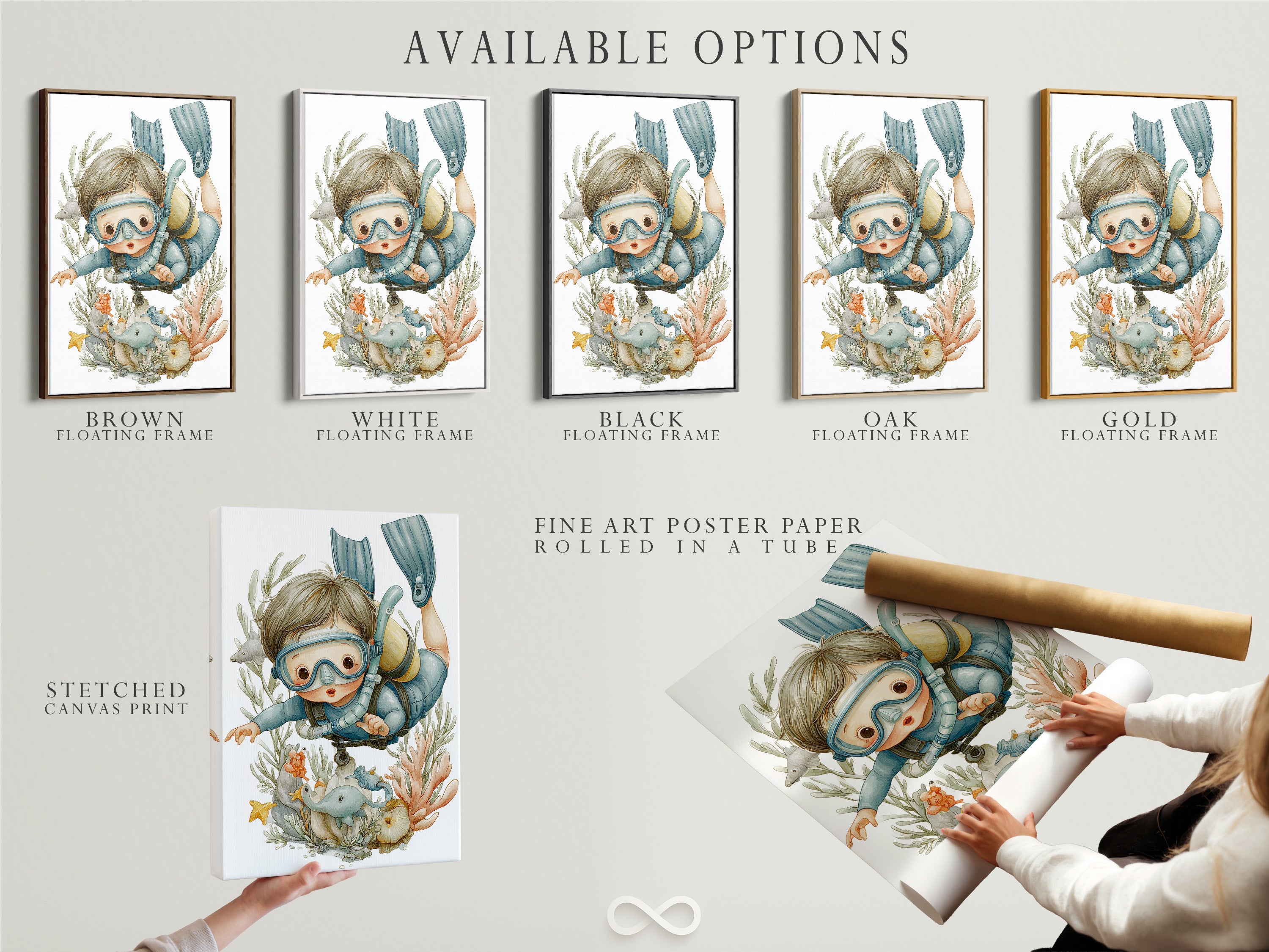 Explore the available options for the scuba diving kids art. Select from a stretched canvas print. Opt for fine art poster paper or choose a floating frame. Customize your artwork to perfectly match your style. Create a unique underwater nursery that reflects your taste.