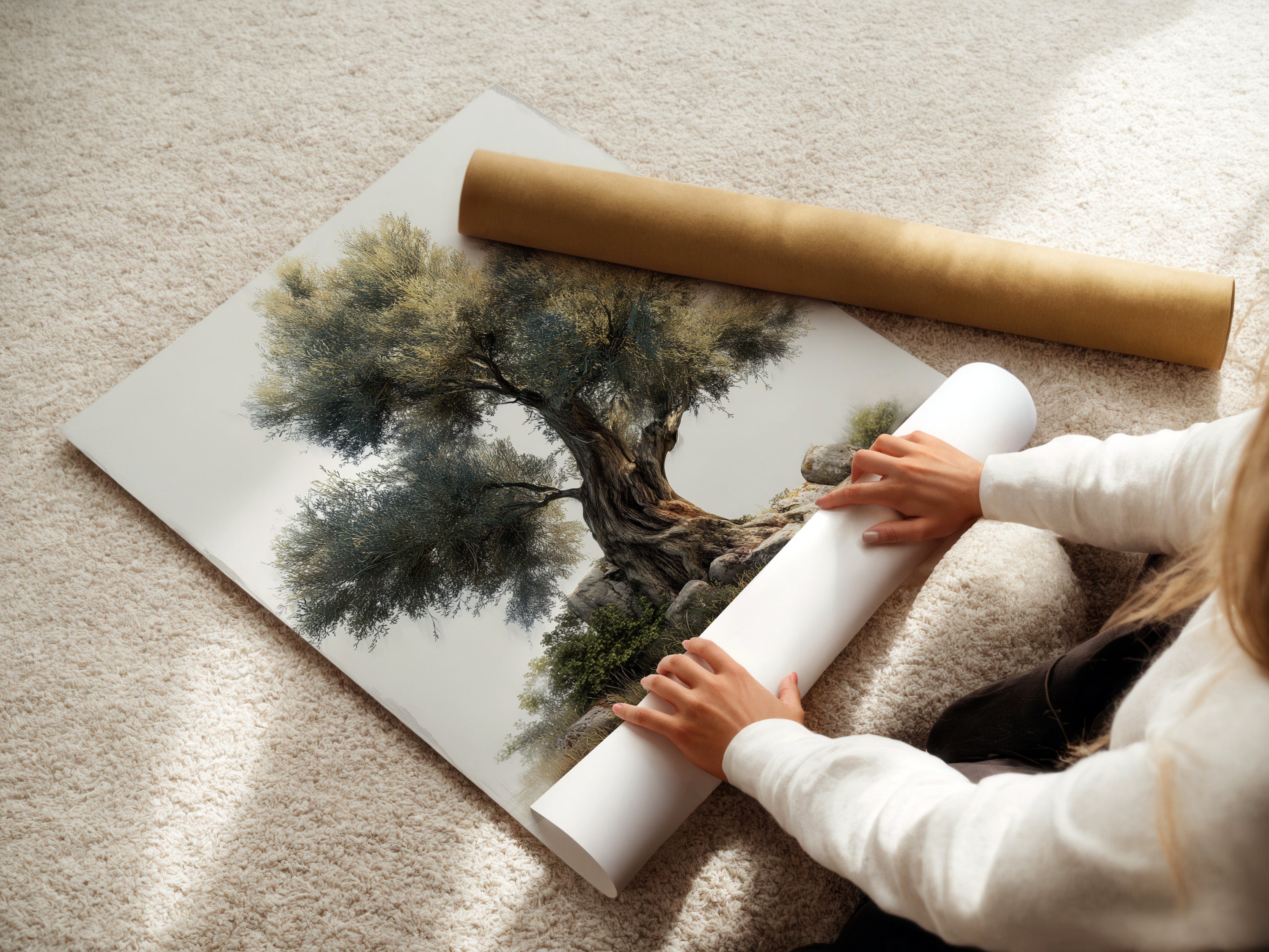 Ancient Olive Tree Canvas Print - Mediterranean Landscape Wall Art, Vintage Nature Artwork for Living Room Decor