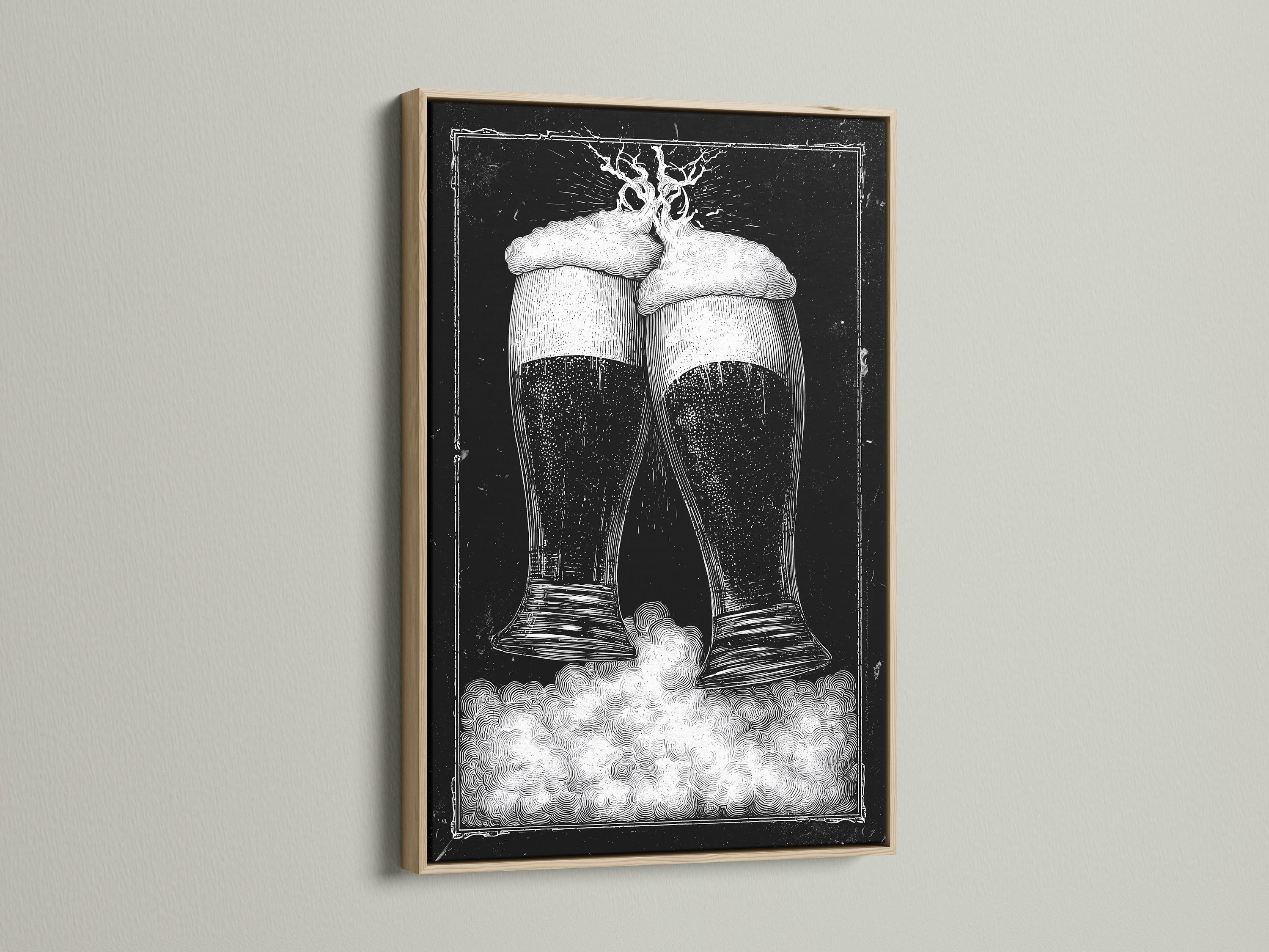 Oak frame artwork. The art features two beer glasses in black and white tones. This piece is mounted on a clean white wall. The frame is a natural oak color. Discover framed artwork options to enhance your space. Explore our selection today for the perfect piece.