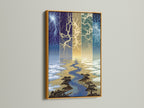 The Lightning River artwork is presented in a gold frame. The gold frame complements the artwork's gold accents. This unique wall art will add a touch of luxury to any room. It's perfect for eclectic interiors.