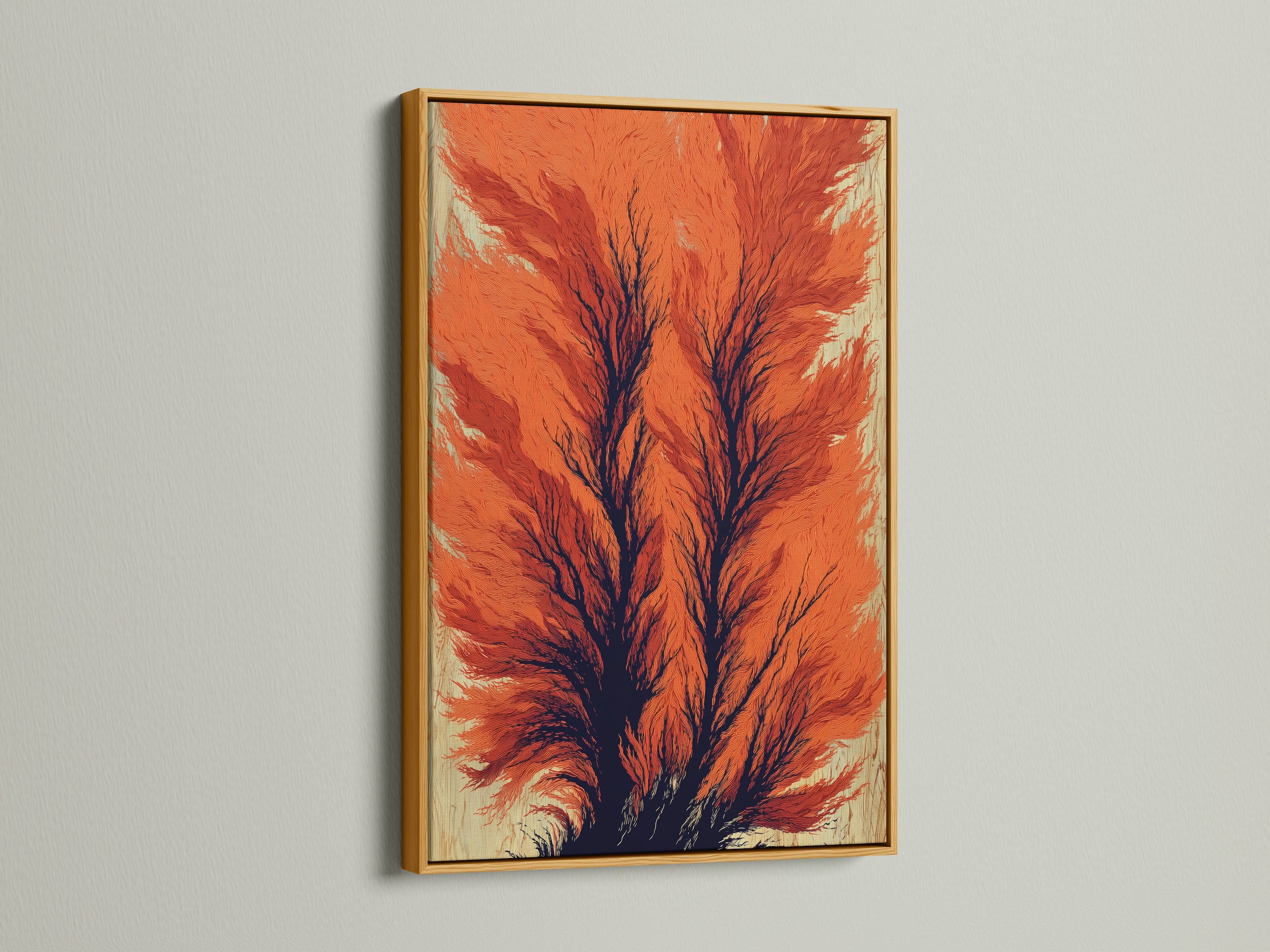 A gold frame adds a touch of elegance to the abstract tree art. The burnt orange artwork is perfect for modern interiors. This botanical canvas print enhances study room decor. Add a sophisticated piece to your space.