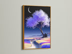 The lavender tree artwork is elegantly framed in gold. The pastel color field print radiates warmth and sophistication. The moon art print introduces a dreamy ambiance. This piece is perfect as home decor art. A calming art print that enhances any space with ethereal charm.