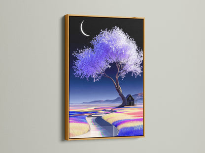 The lavender tree artwork is elegantly framed in gold. The pastel color field print radiates warmth and sophistication. The moon art print introduces a dreamy ambiance. This piece is perfect as home decor art. A calming art print that enhances any space with ethereal charm.