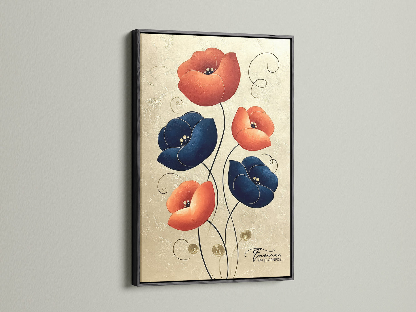 Floral canvas art print with a black frame. This modern artwork features navy blue and coral flowers. The black frame adds a touch of sophistication. Perfect for living room wall art bedroom wall decor or office art.
