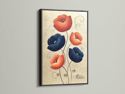 Floral canvas art print with a black frame. This modern artwork features navy blue and coral flowers. The black frame adds a touch of sophistication. Perfect for living room wall art bedroom wall decor or office art.