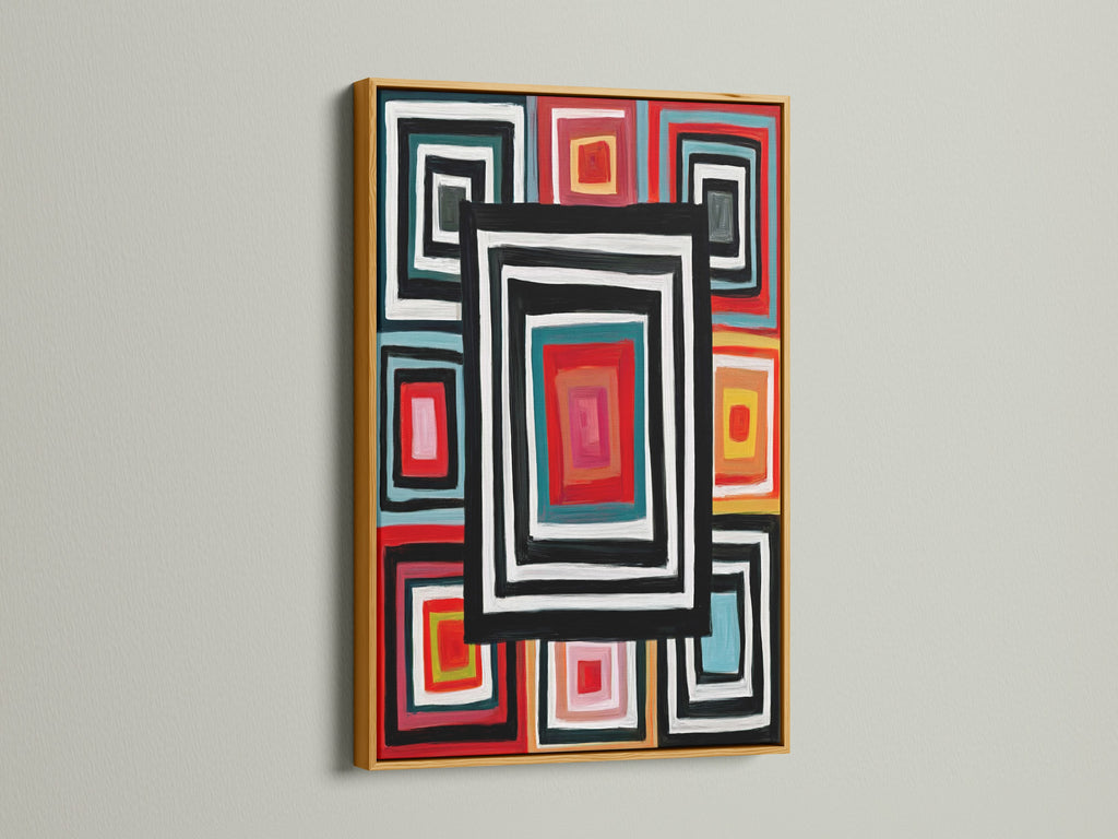 Geometric Squares canvas print with a gold frame. This retro artwork adds a touch of elegance to any room. The colorful wall art and modern abstract elements make it a unique piece. Ideal for enhancing your home wall art. The vibrant color decor is stunning.