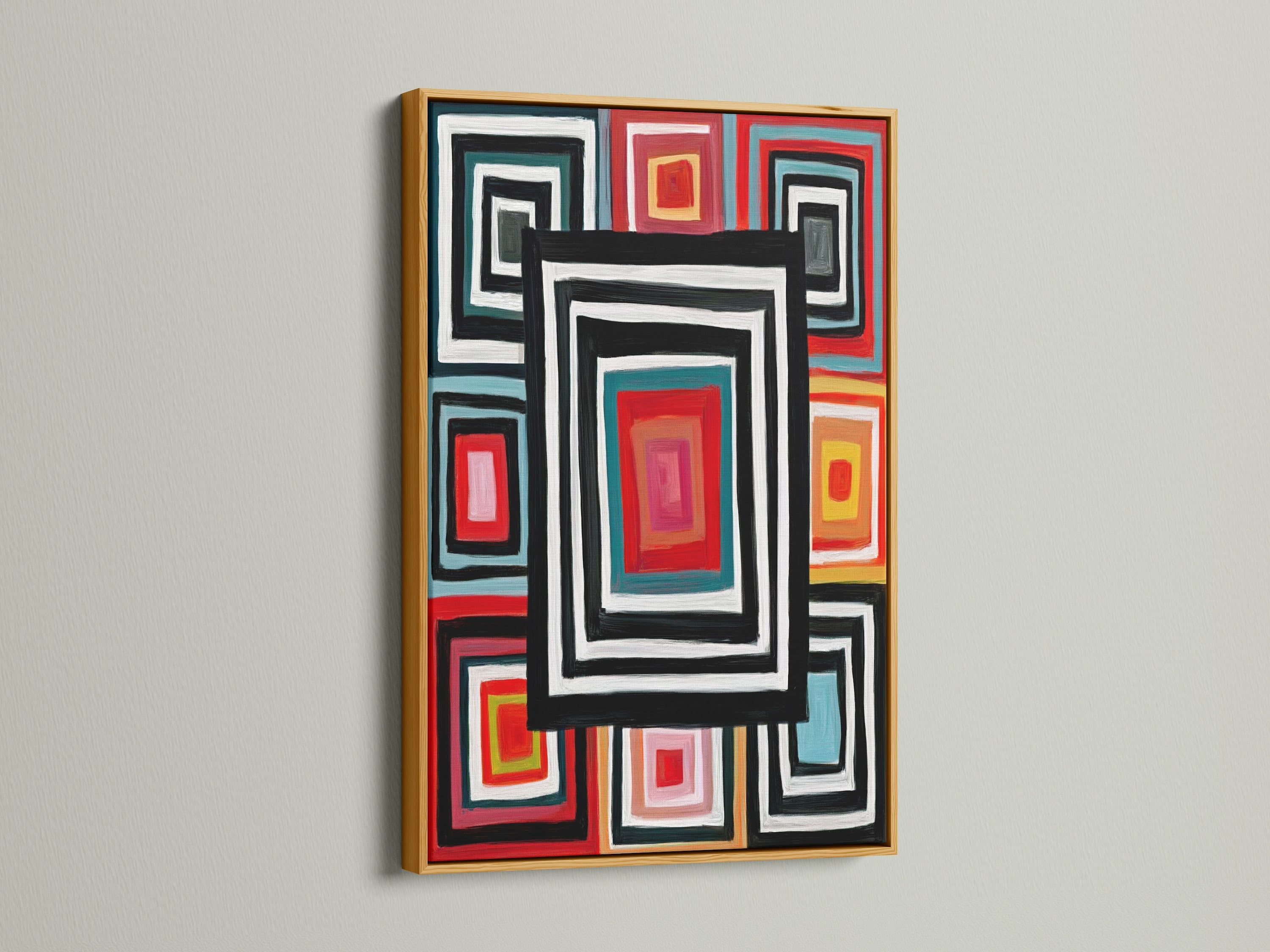 Geometric Squares canvas print with a gold frame. This retro artwork adds a touch of elegance to any room. The colorful wall art and modern abstract elements make it a unique piece. Ideal for enhancing your home wall art. The vibrant color decor is stunning.