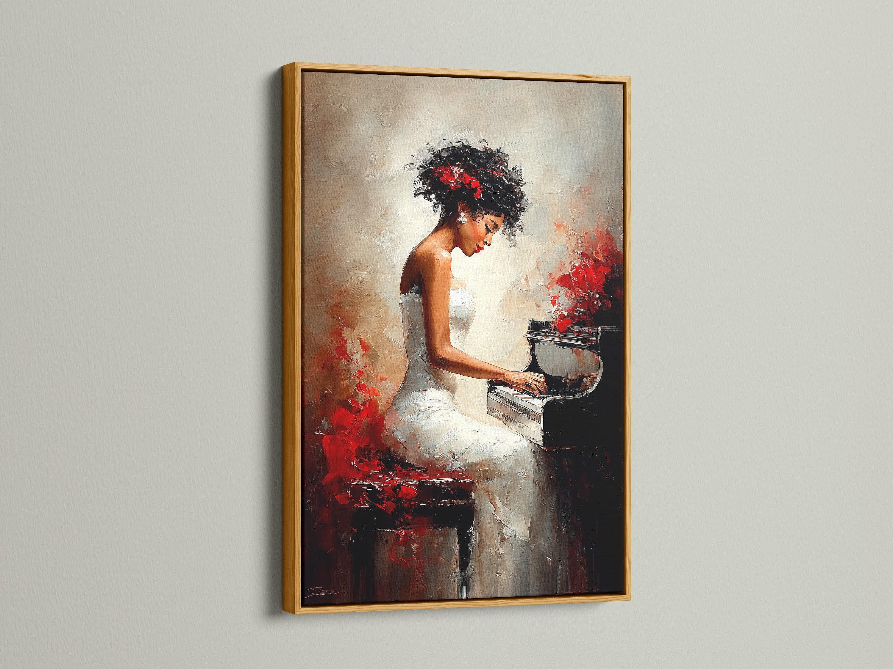 Artwork featuring a woman playing the piano in a gold frame. The gold frame exudes luxury and opulence. This artwork adds a touch of glamour to any room. It is perfect for creating a lavish atmosphere. This piece is a statement of elegance and style. The frame enhances the artwork's richness.