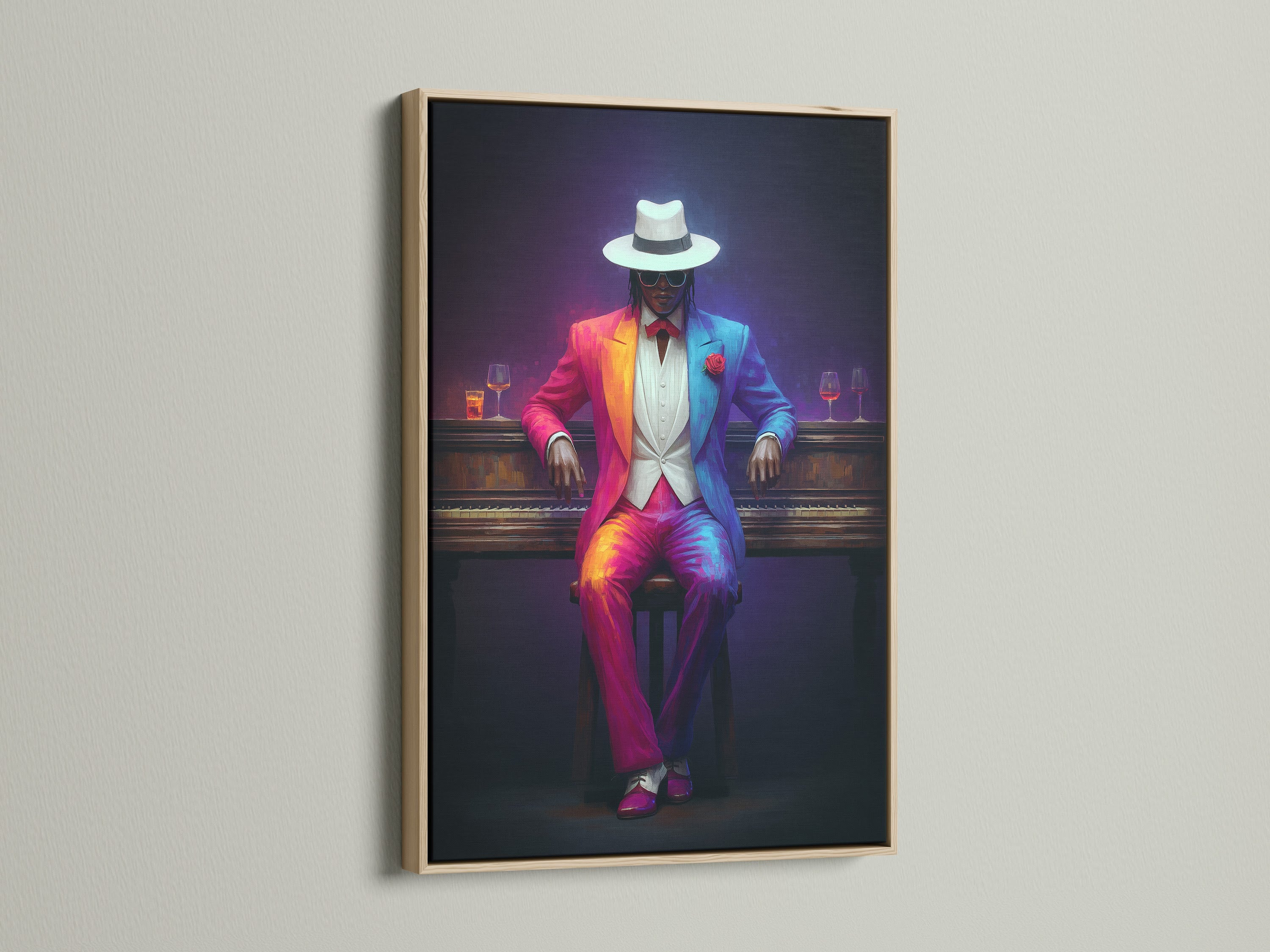 Neon Suit Portrait canvas print in an oak frame. The colorful gentleman art enhances your living room or office. This retro futuristic piece is perfect for music studios or lounges. This cool office art is vibrant. It adds a touch of neon aesthetic and style.