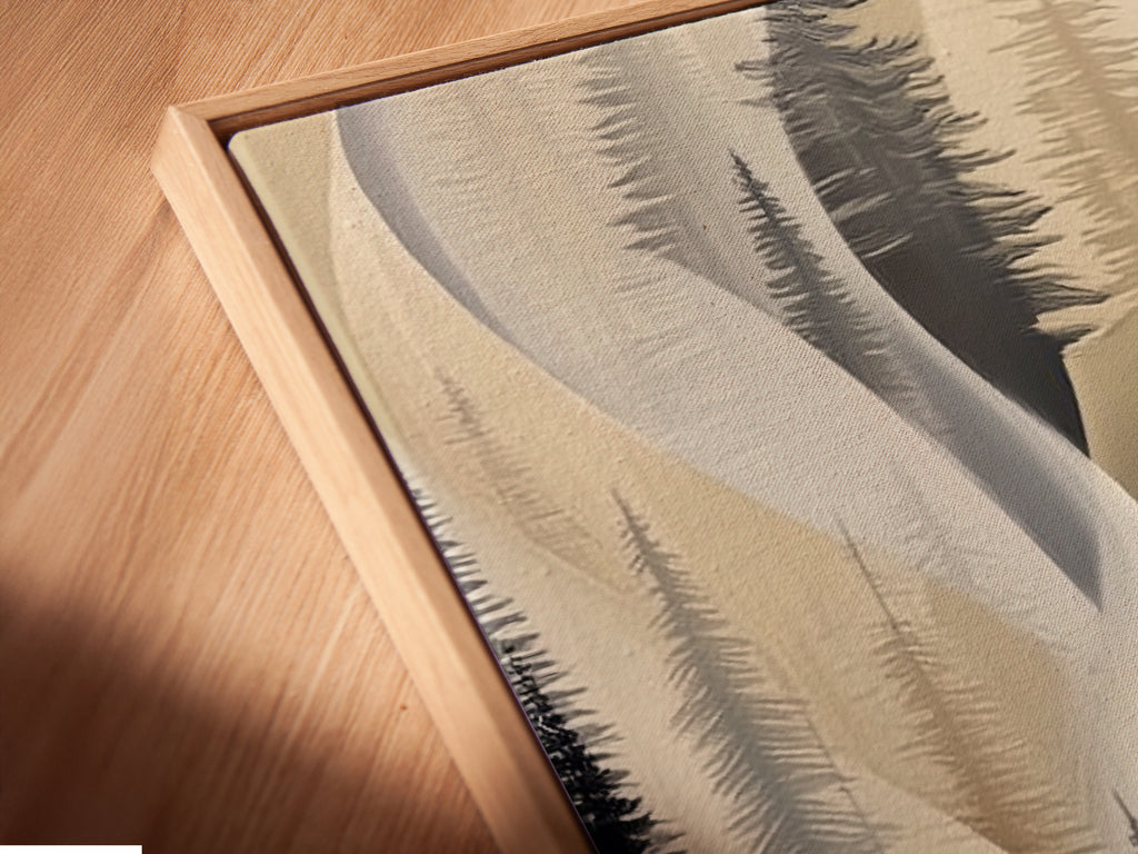 Angled close up showcases a canvas print in a floating frame. The floating frame gives the abstract pine tree artwork a sophisticated look. This piece enhances hallway wall decor. The neutral color artwork stands out beautifully. The floating frame adds depth and dimension to the forest canvas print. It is perfect for modern interiors.