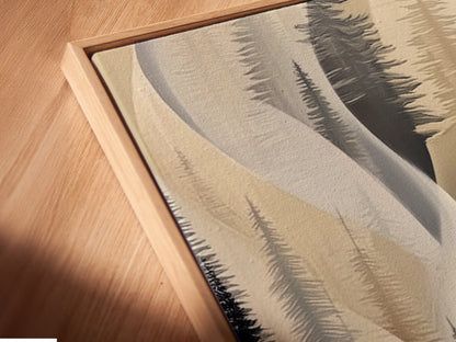Angled close up showcases a canvas print in a floating frame. The floating frame gives the abstract pine tree artwork a sophisticated look. This piece enhances hallway wall decor. The neutral color artwork stands out beautifully. The floating frame adds depth and dimension to the forest canvas print. It is perfect for modern interiors.