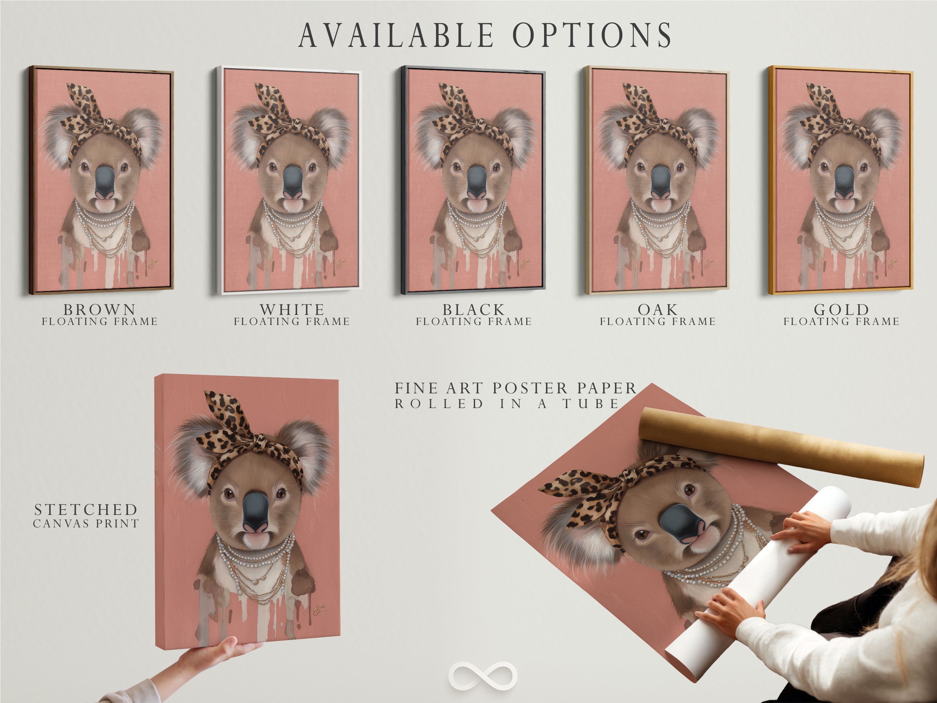 Available options include stretched canvas print fine art poster paper and floating frame. Choose your preferred format for the Koala Wall Art. This trendy animal print suits any nursery or kids' room art.