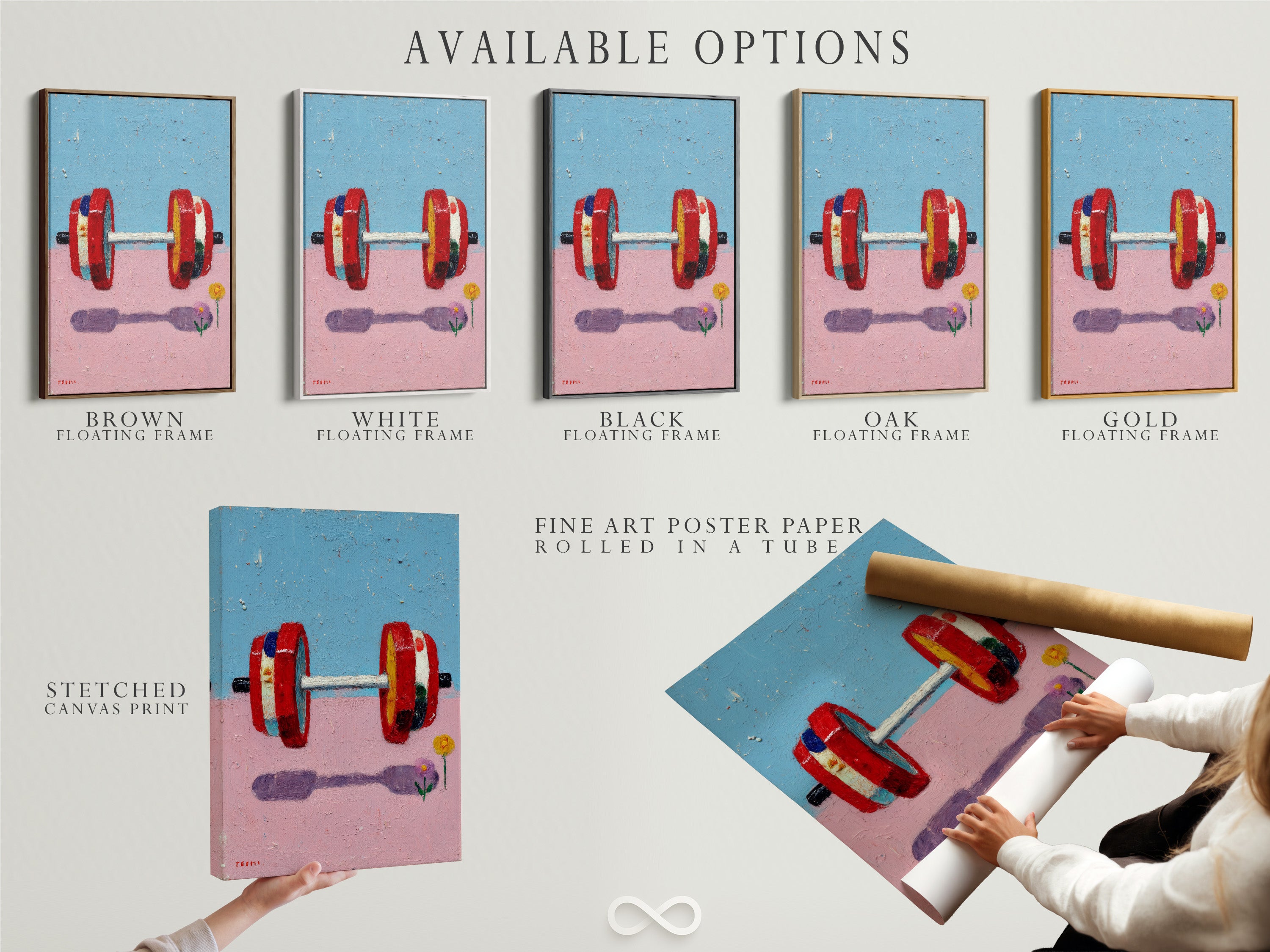 Explore available options for this fitness art print. Options include a stretched canvas print a fine art poster paper and a floating frame. This colorful dumbbell artwork is perfect for gym wall decor. Add motivation to your home gym or fitness studio with this abstract art.