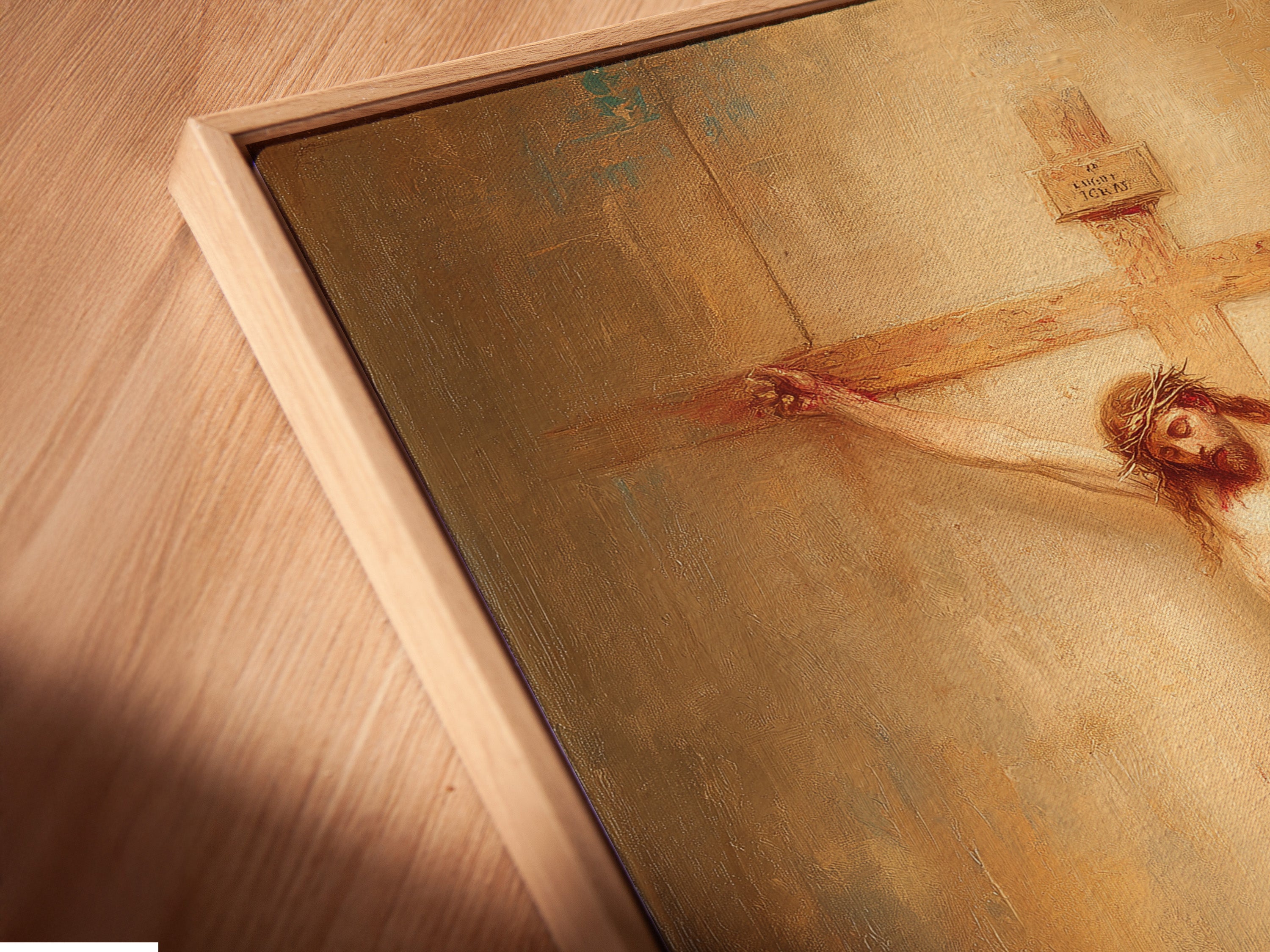 A close-up angled view shows a canvas print in a floating frame. The floating frame gives the artwork a modern look. It creates a unique separation between the canvas and the wall. This enhances the art's visual impact. Discover the elegance of floating frames for your cherished pieces.