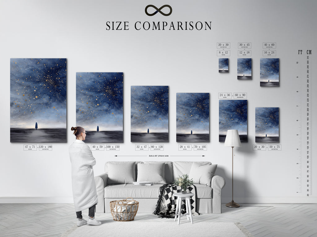 A size comparison chart in an interior setting. Illustrates the available sizes for the celestial artwork. Choose the perfect dimensions for your space. Envision your cosmic minimalist poster.