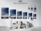 A size comparison chart in an interior setting. Illustrates the available sizes for the celestial artwork. Choose the perfect dimensions for your space. Envision your cosmic minimalist poster.