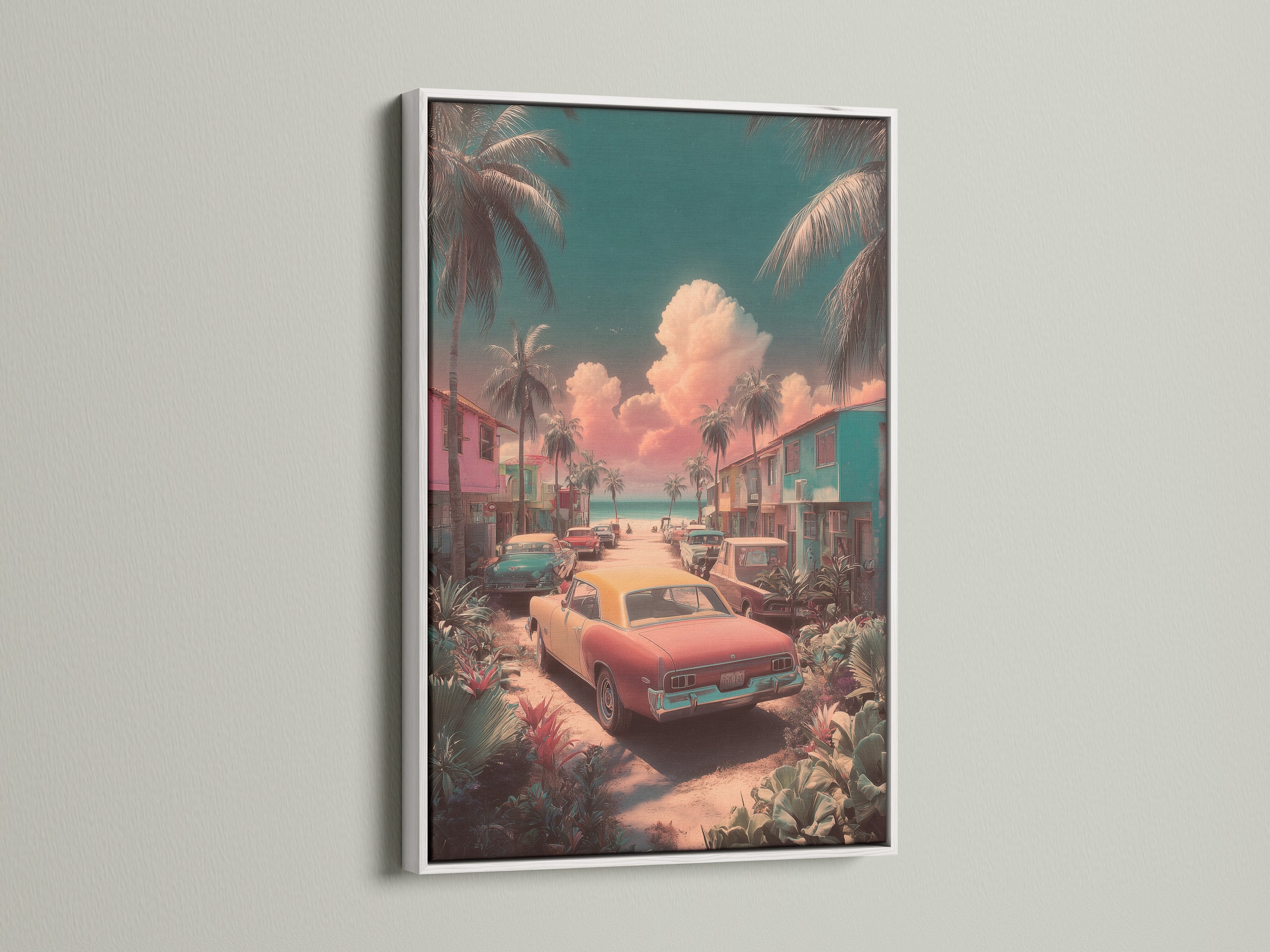 Artwork featuring a retro car scene is displayed in a white frame. The white frame offers a clean modern look. The frame enhances the artwork with a crisp border. The artwork is perfect for a minimalist aesthetic. It brings a touch of retro charm to any room.
