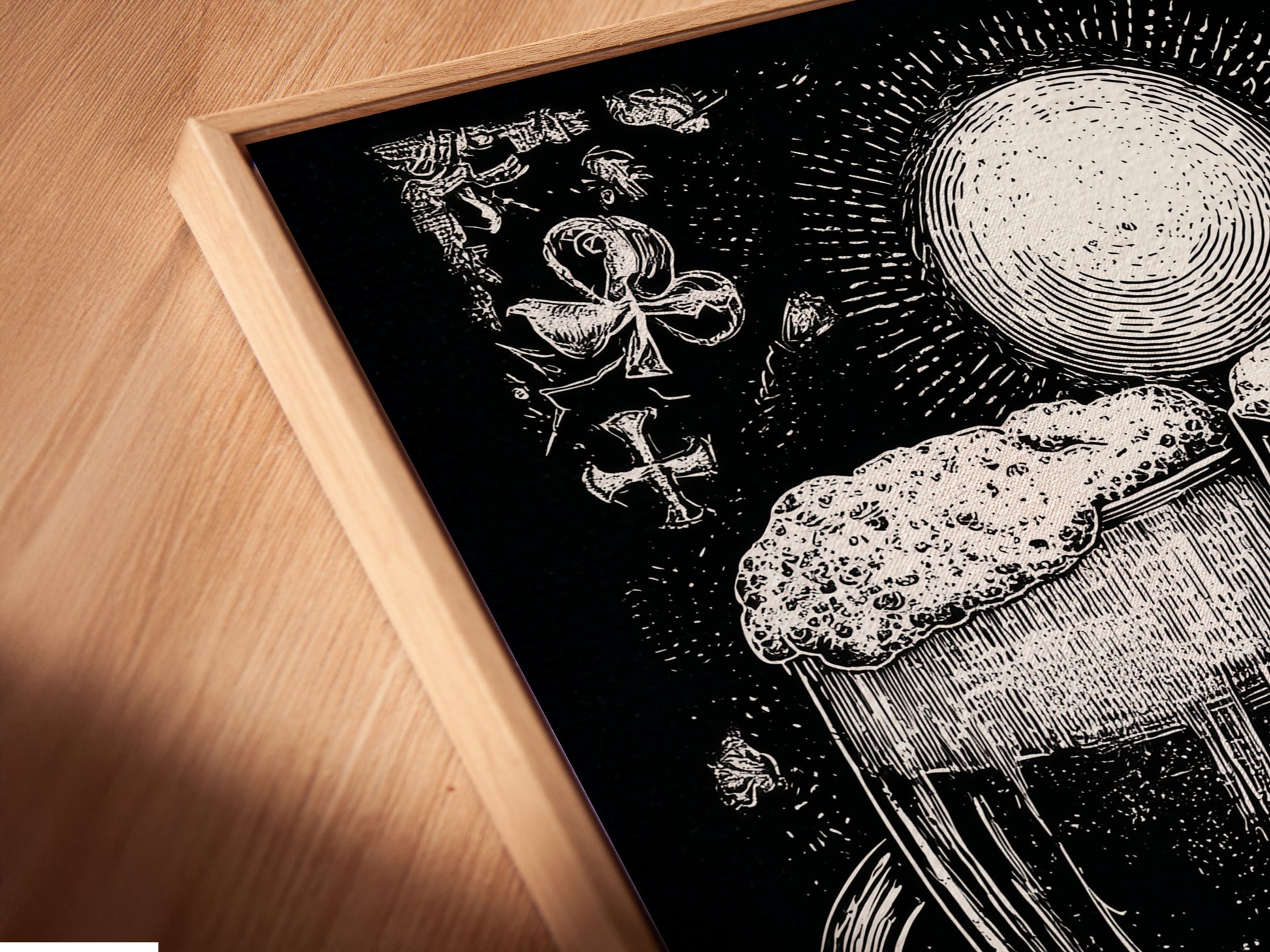 This is a close-up shot of a canvas print. The art is displayed in a floating frame. The artwork features a monochromatic illustration of two beer glasses. The print adds a touch of elegance to any room. The floating frame enhances the overall aesthetic.