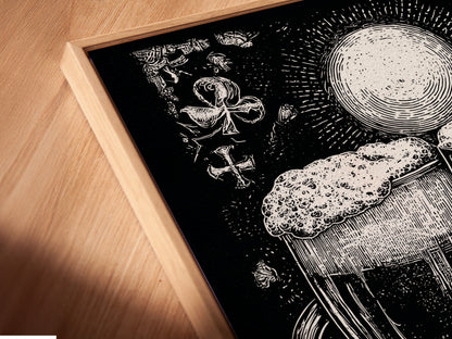This is a close-up shot of a canvas print. The art is displayed in a floating frame. The artwork features a monochromatic illustration of two beer glasses. The print adds a touch of elegance to any room. The floating frame enhances the overall aesthetic.