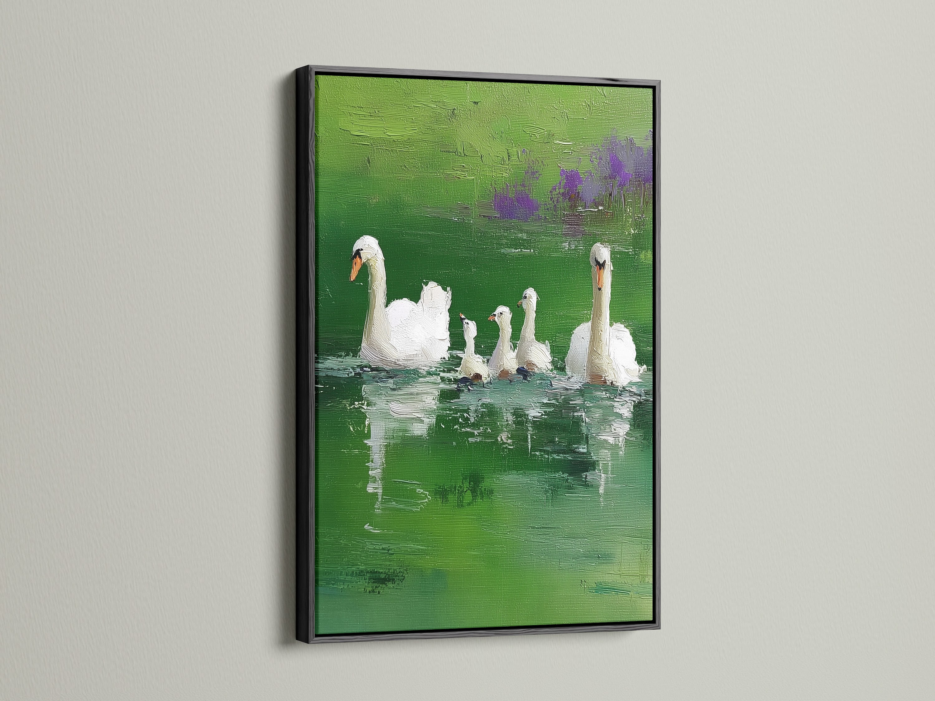 A striking black frame accentuates the artwork. The artwork features swans in a pond setting. The black frame adds depth and intensity. The artwork becomes a statement piece. It is ideal for contemporary and classic interiors.