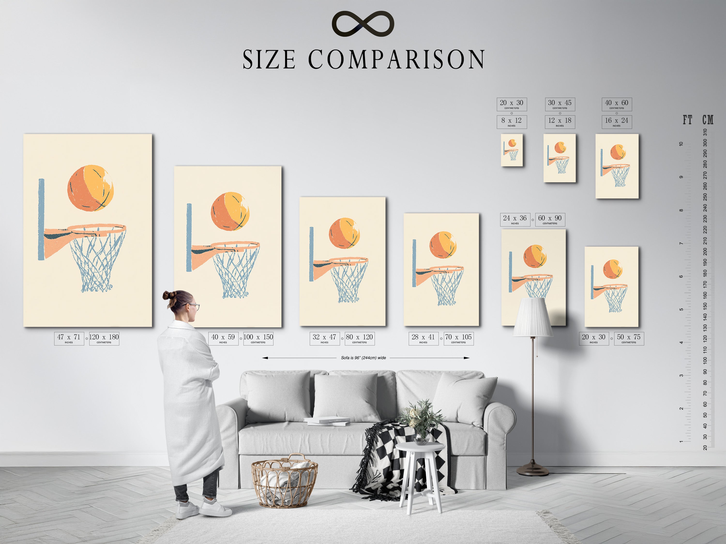 A size comparison chart is shown in an interior setting. This helps customers visualize the artwork in different sizes. It aids in making an informed decision about the perfect fit for their space.
