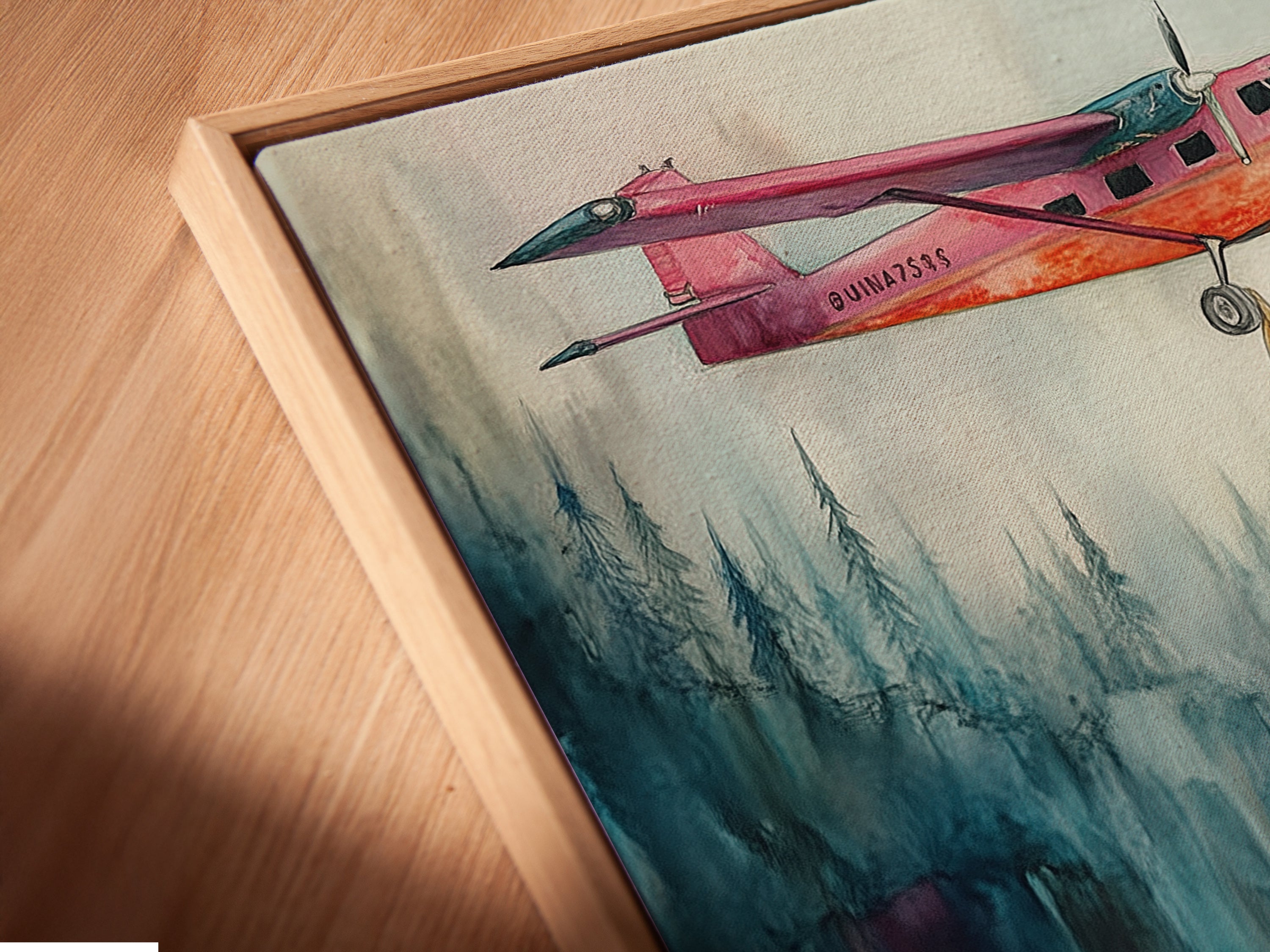 A close-up shot of a canvas print. It is in a floating frame. The watercolor airplane artwork features a pink airplane and a crowd of people. The unique wall art elevates modern spaces. Perfect for living rooms and offices.