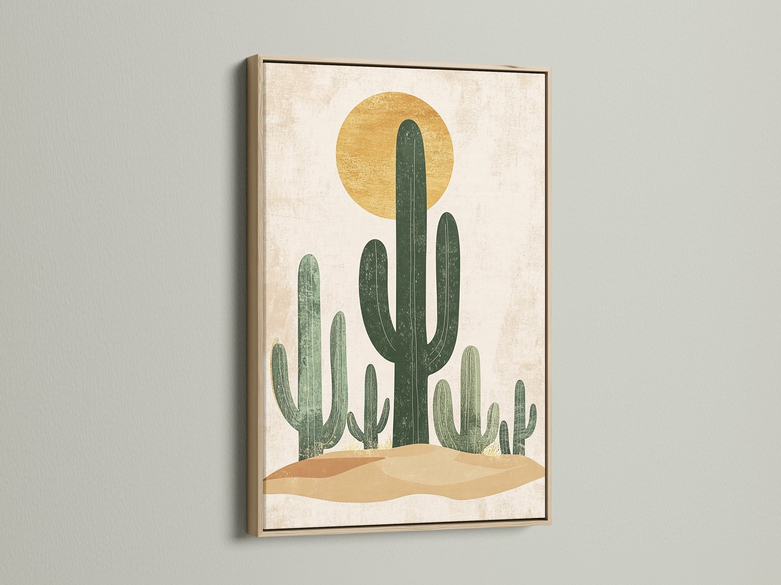This is a close-up of a desert themed artwork in an oak floating frame. The natural wood grain complements the artwork. The frame adds warmth to the modern cactus art. This oak frame is perfect for adding a touch of nature to your walls. The fine art print is ready to hang.
