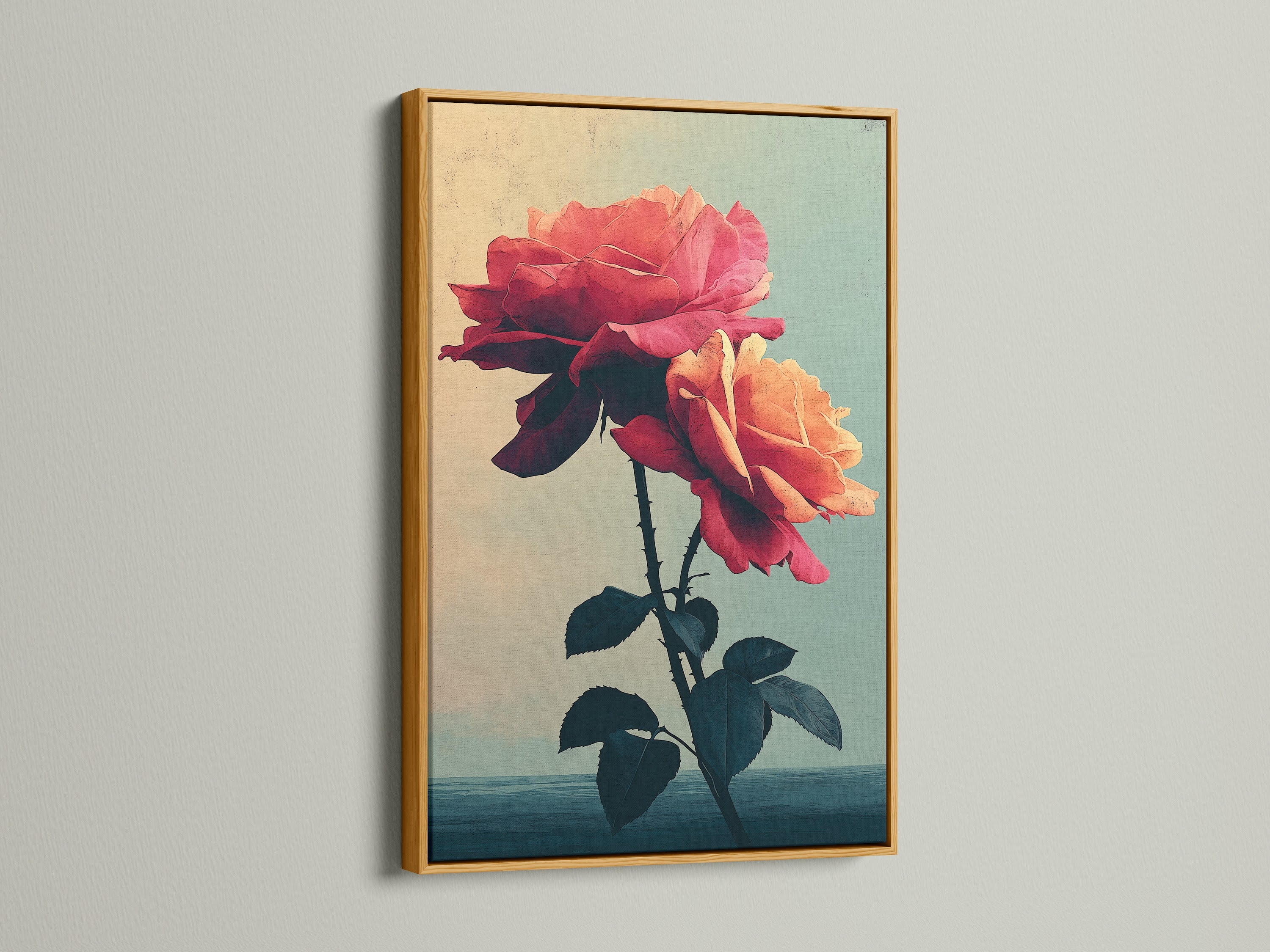 A vintage rose artwork with peach and coral colors is beautifully displayed in a gold frame. This botanical flower poster enhances any room with its timeless appeal. Perfect for bedroom decor or as a focal point of flower artwork. Ideal for interior decorators seeking distinctive Wall Art.
