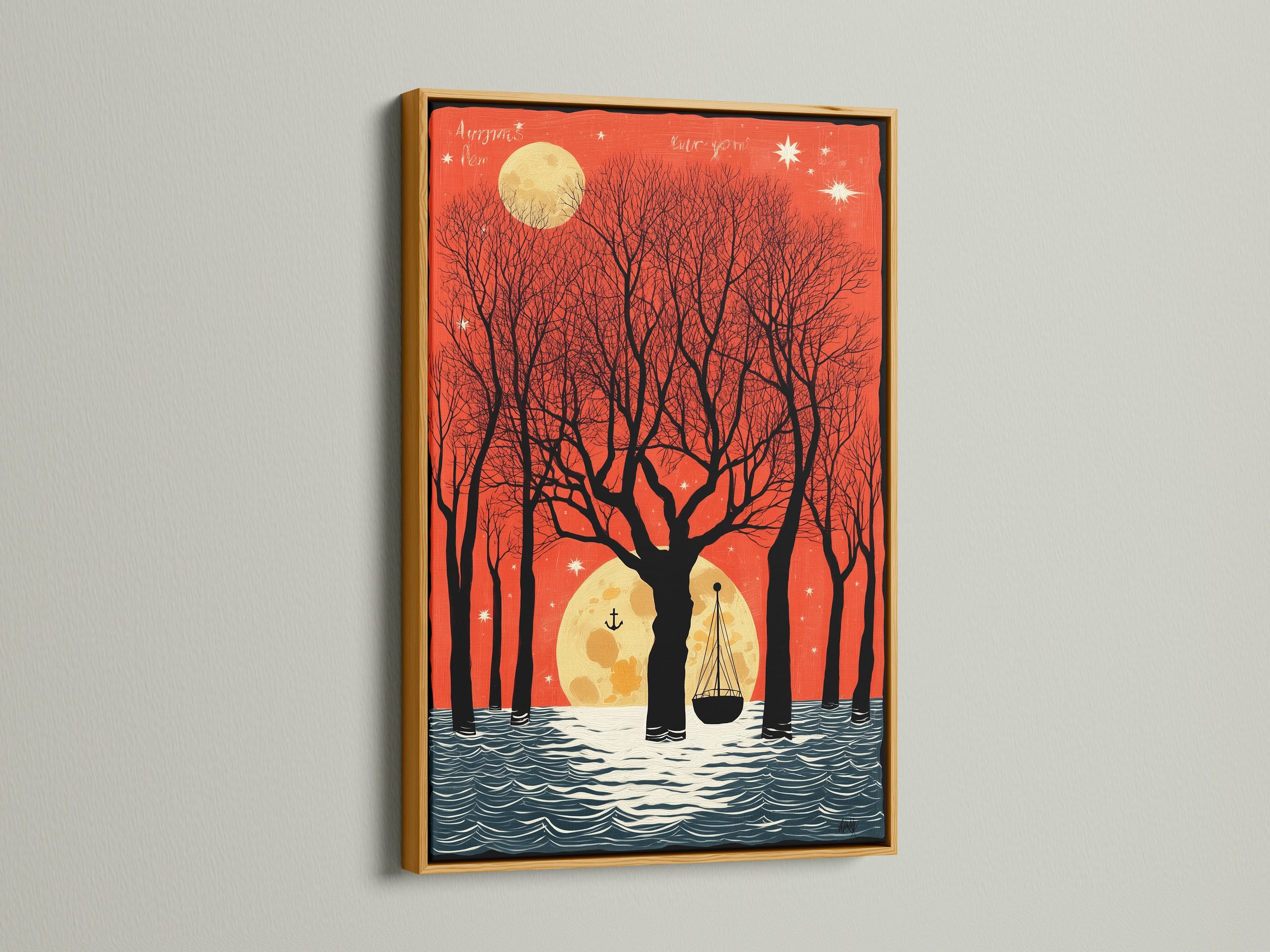 A moonlit boat artwork with a luxurious gold frame. The gold frame enhances the vintage nautical theme of this artwork. The red sky and coastal elements add warmth to any room. This piece is perfect for creating a focal point.