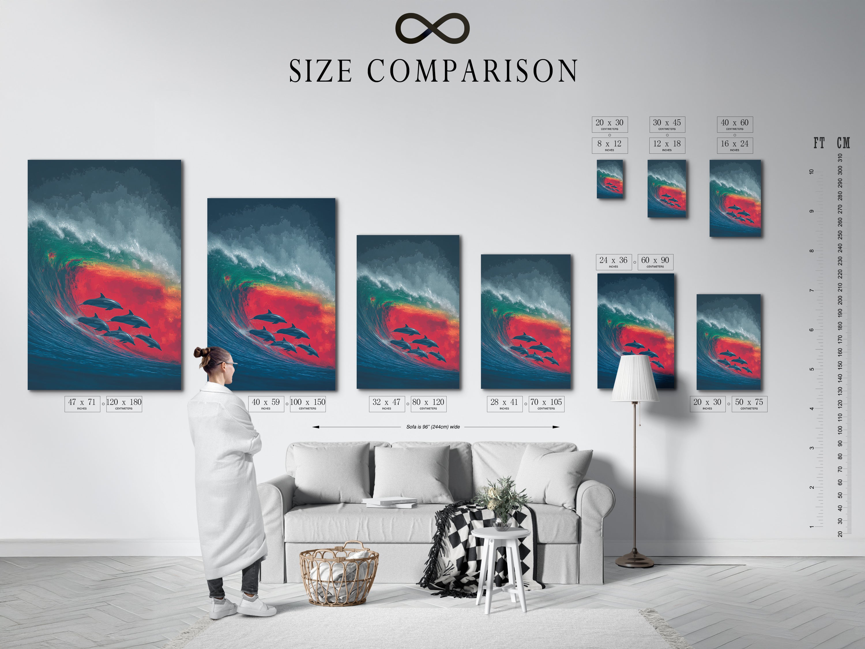 Size comparison chart featuring the Dolphin Wave artwork in an interior setting. See how the artwork fits in various spaces. This nautical wall decor is perfect for any room. Visualize the impact of this sea life art.
