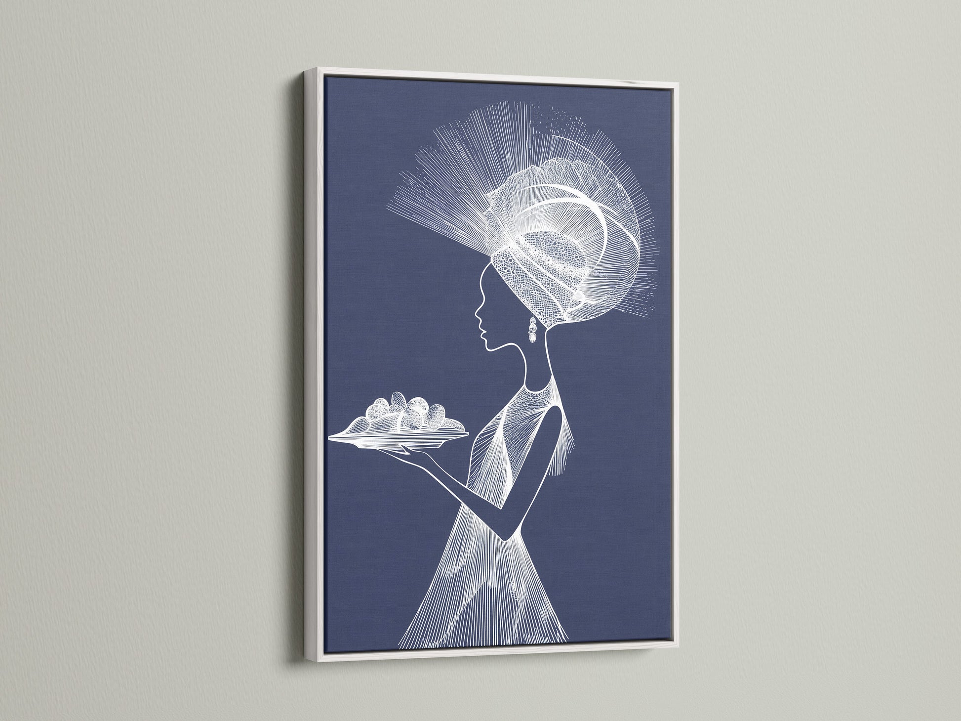 A white frame surrounds a striking art piece. The artwork shows a woman with an elaborate headdress. The white frame offers a clean and modern look. It is perfect for minimalist interiors. This frame highlights the artwork's intricate details.
