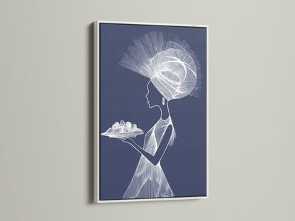 A white frame surrounds a striking art piece. The artwork shows a woman with an elaborate headdress. The white frame offers a clean and modern look. It is perfect for minimalist interiors. This frame highlights the artwork's intricate details.