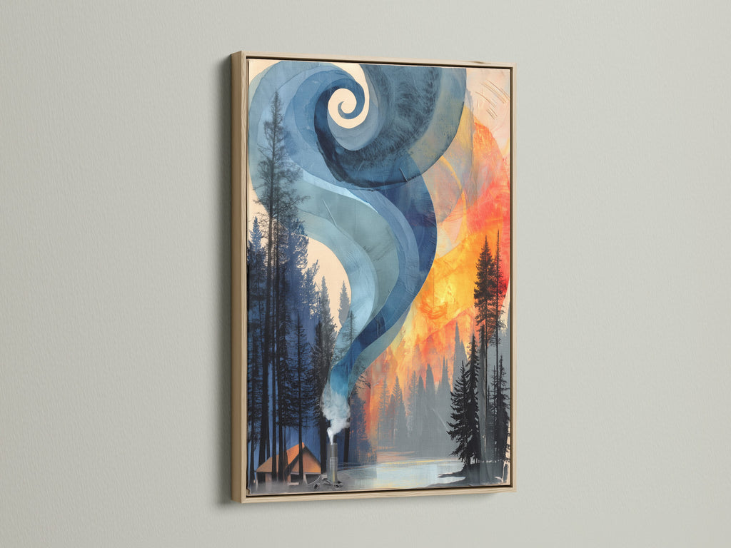 Modern abstract landscape artwork in an oak frame. The art is of a forest fire with burnt orange art. Perfect for homeowners seeking unique Modern Wall Art that complements rustic woodland designs.