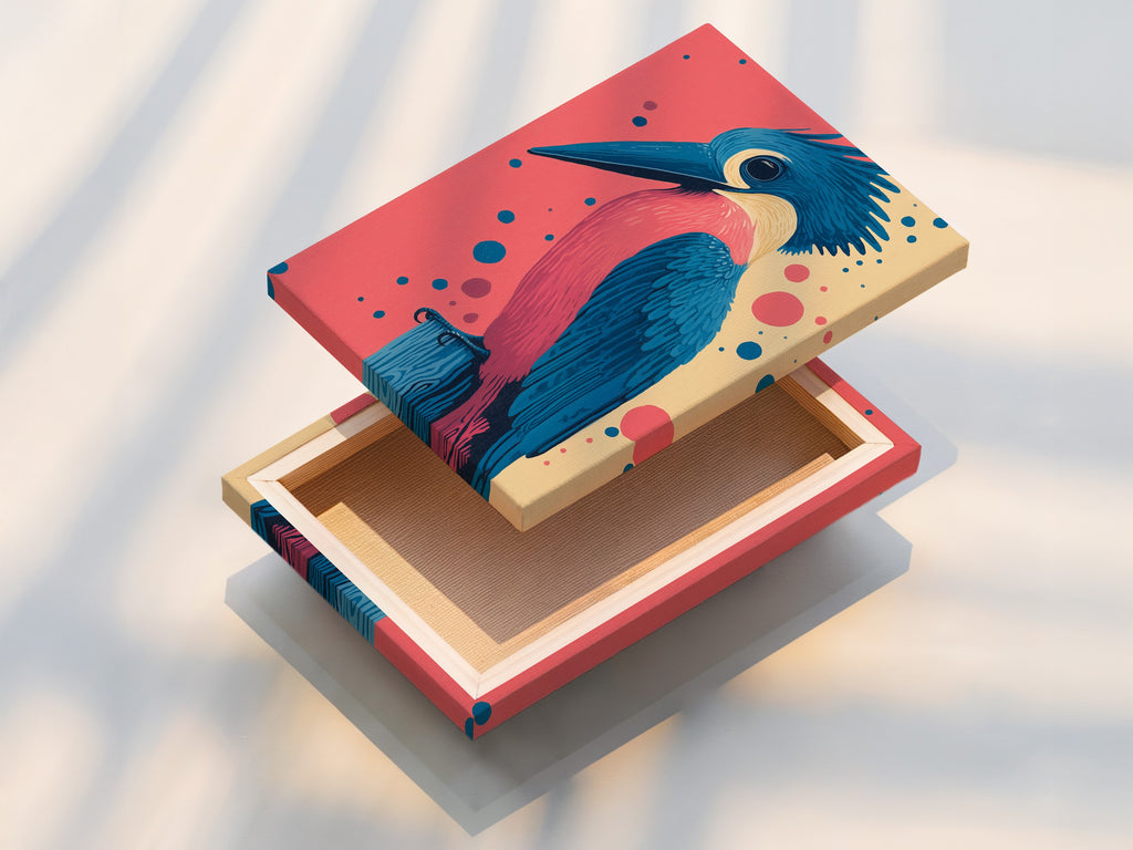 A stretched canvas print of the Kingfisher bird artwork. This pink and teal art piece is ready to hang. Enhance your living room wall art with this vibrant design. Coastal wall decor that elevates any space and brings nature indoors.