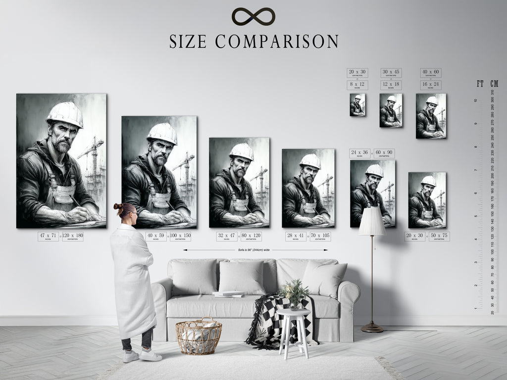 A size comparison chart in an interior setting. This chart helps visualize the different sizes available for the construction worker art. Choose the perfect size for your office or home decor needs. Find the ideal fit for your space with this helpful guide.