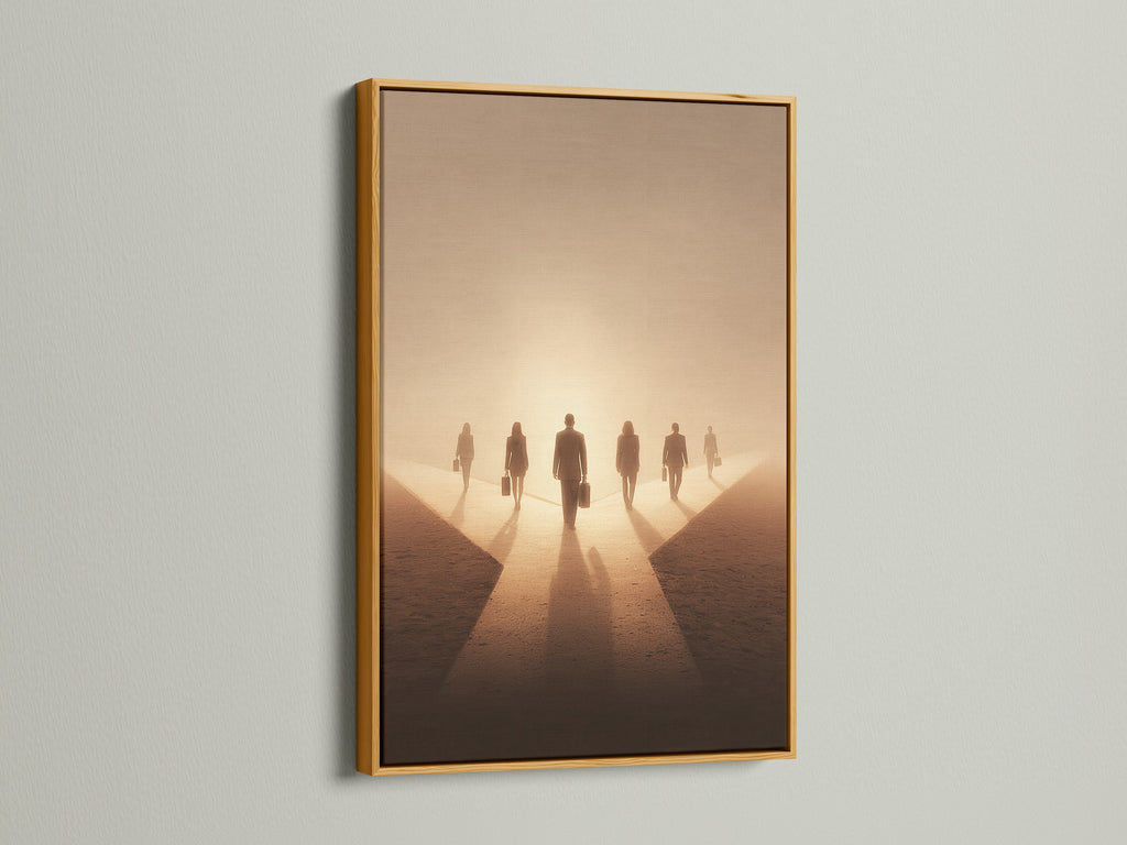 Artwork with a gold frame. The art features people walking into the light. The gold frame is a luxurious and elegant choice. It will add a touch of glamour to any room. This artwork is perfect for adding a touch of luxury to your home.