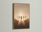 Artwork with a gold frame. The art features people walking into the light. The gold frame is a luxurious and elegant choice. It will add a touch of glamour to any room. This artwork is perfect for adding a touch of luxury to your home.
