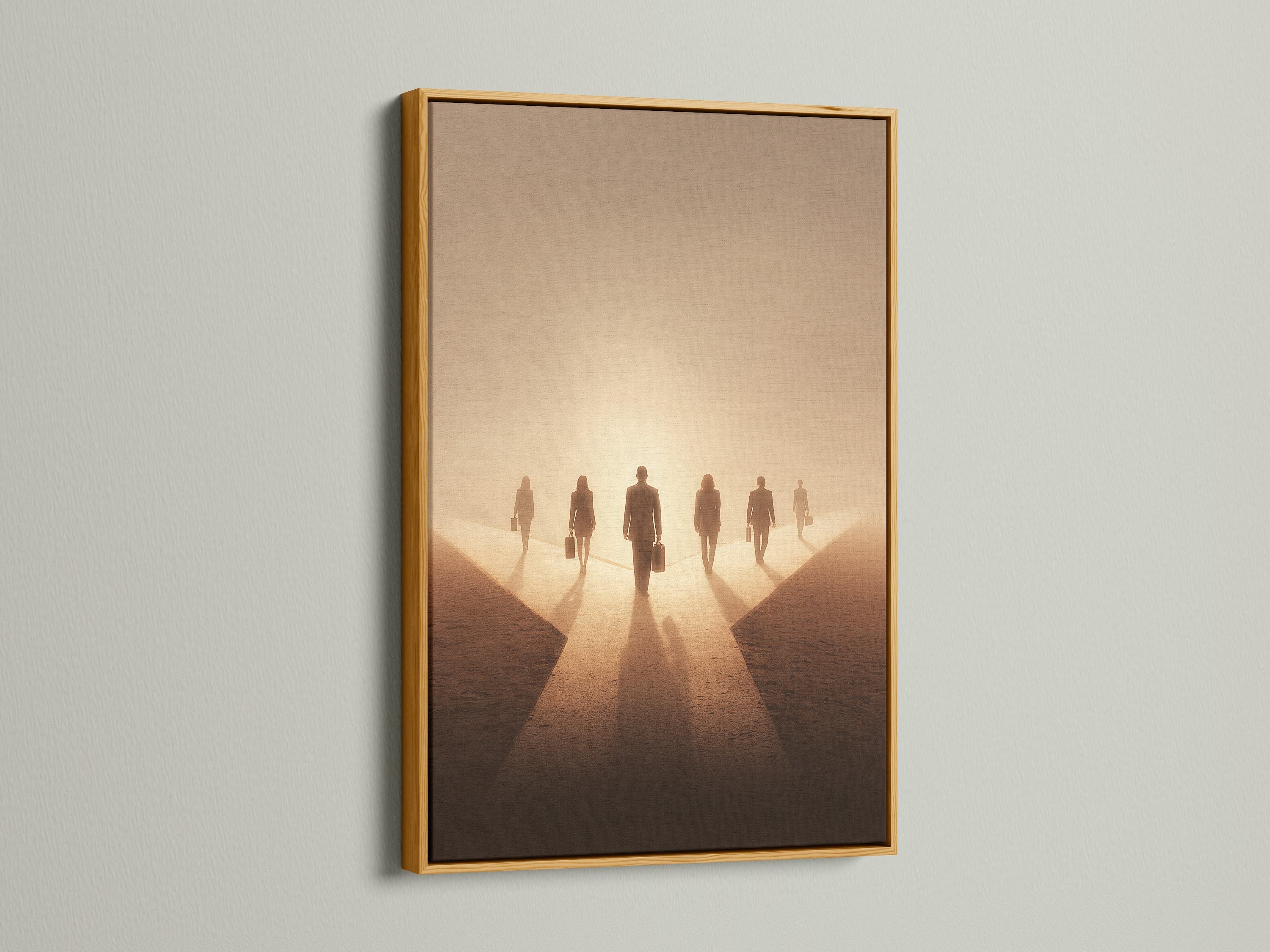 Artwork with a gold frame. The art features people walking into the light. The gold frame is a luxurious and elegant choice. It will add a touch of glamour to any room. This artwork is perfect for adding a touch of luxury to your home.
