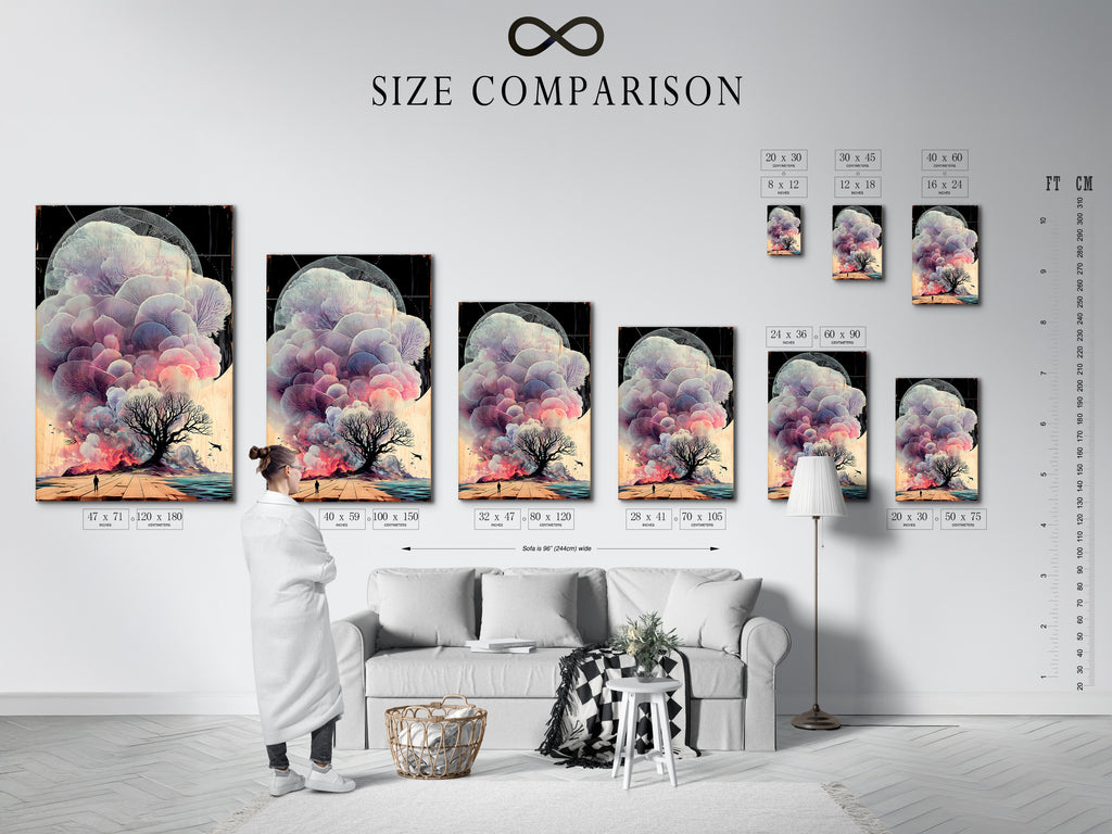 This image displays a size comparison chart in a modern interior setting. The chart showcases various sizes of surreal landscape artwork. It helps visualize how the ethereal tree art fits in different spaces. Perfect for homeowners and interior designers. Find the ideal fit for your living room wall or meditation space.
