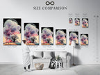 This image displays a size comparison chart in a modern interior setting. The chart showcases various sizes of surreal landscape artwork. It helps visualize how the ethereal tree art fits in different spaces. Perfect for homeowners and interior designers. Find the ideal fit for your living room wall or meditation space.