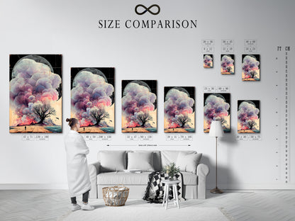 This image displays a size comparison chart in a modern interior setting. The chart showcases various sizes of surreal landscape artwork. It helps visualize how the ethereal tree art fits in different spaces. Perfect for homeowners and interior designers. Find the ideal fit for your living room wall or meditation space.