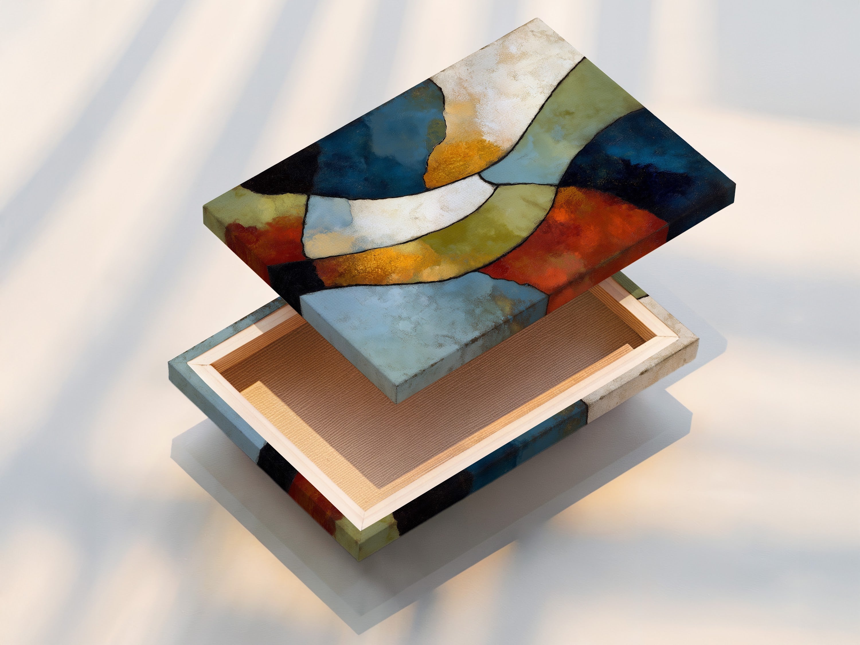 A beautifully stretched canvas print featuring abstract geometric artwork. This modern canvas art is ready to hang and adds a contemporary touch to any room. The earth tone decor enhances minimalist and Scandinavian styles. Perfect for home and office spaces.