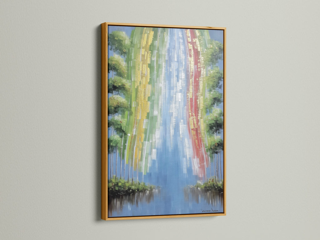 Abstract Waterfall artwork with a gold frame. This colorful artwork elevates any space. The river print adds a touch of elegance. A nature wall art piece that stands out. Perfect for studios lobbies and waiting rooms. Modern art.