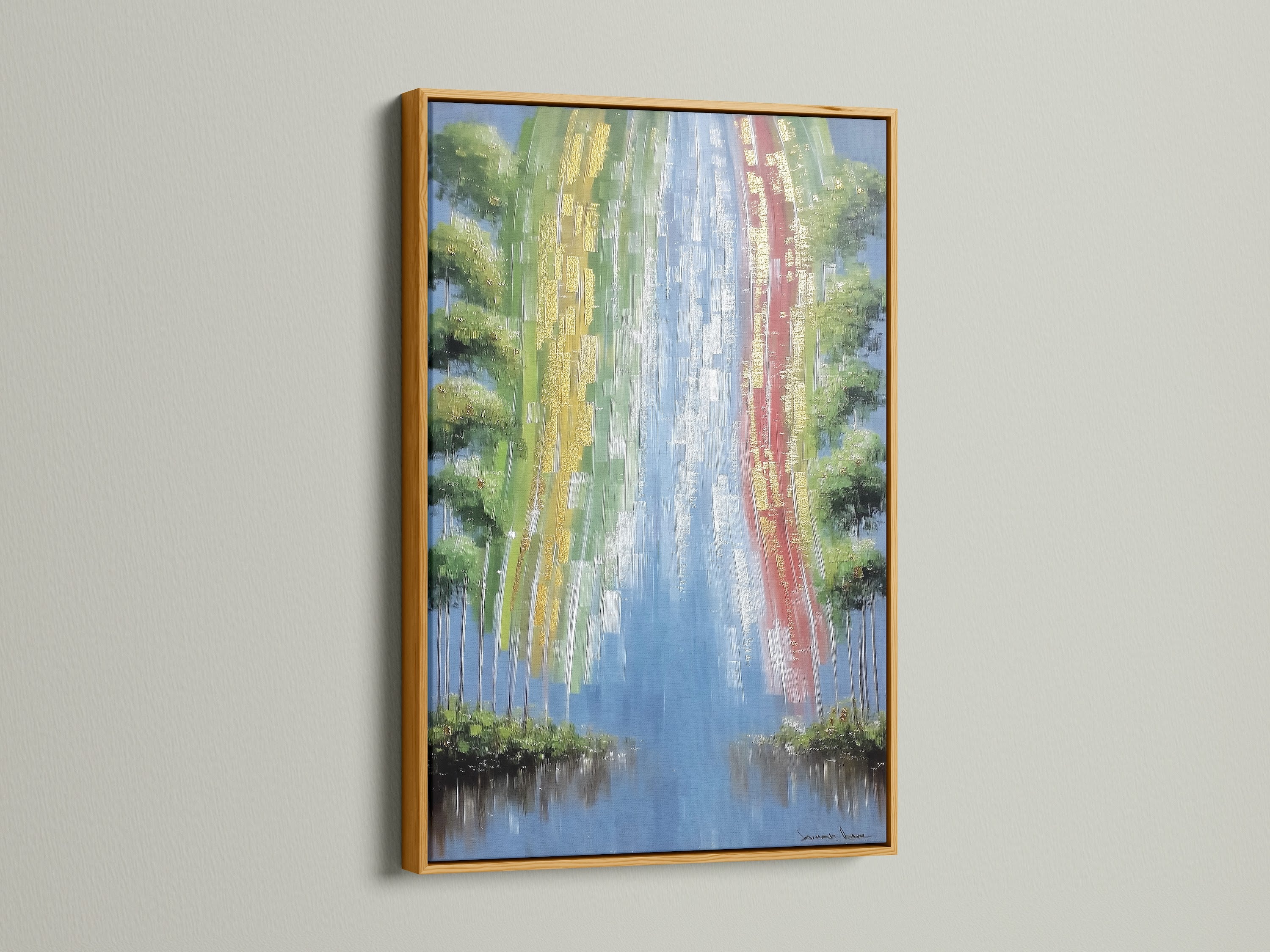Abstract Waterfall artwork with a gold frame. This colorful artwork elevates any space. The river print adds a touch of elegance. A nature wall art piece that stands out. Perfect for studios lobbies and waiting rooms. Modern art.